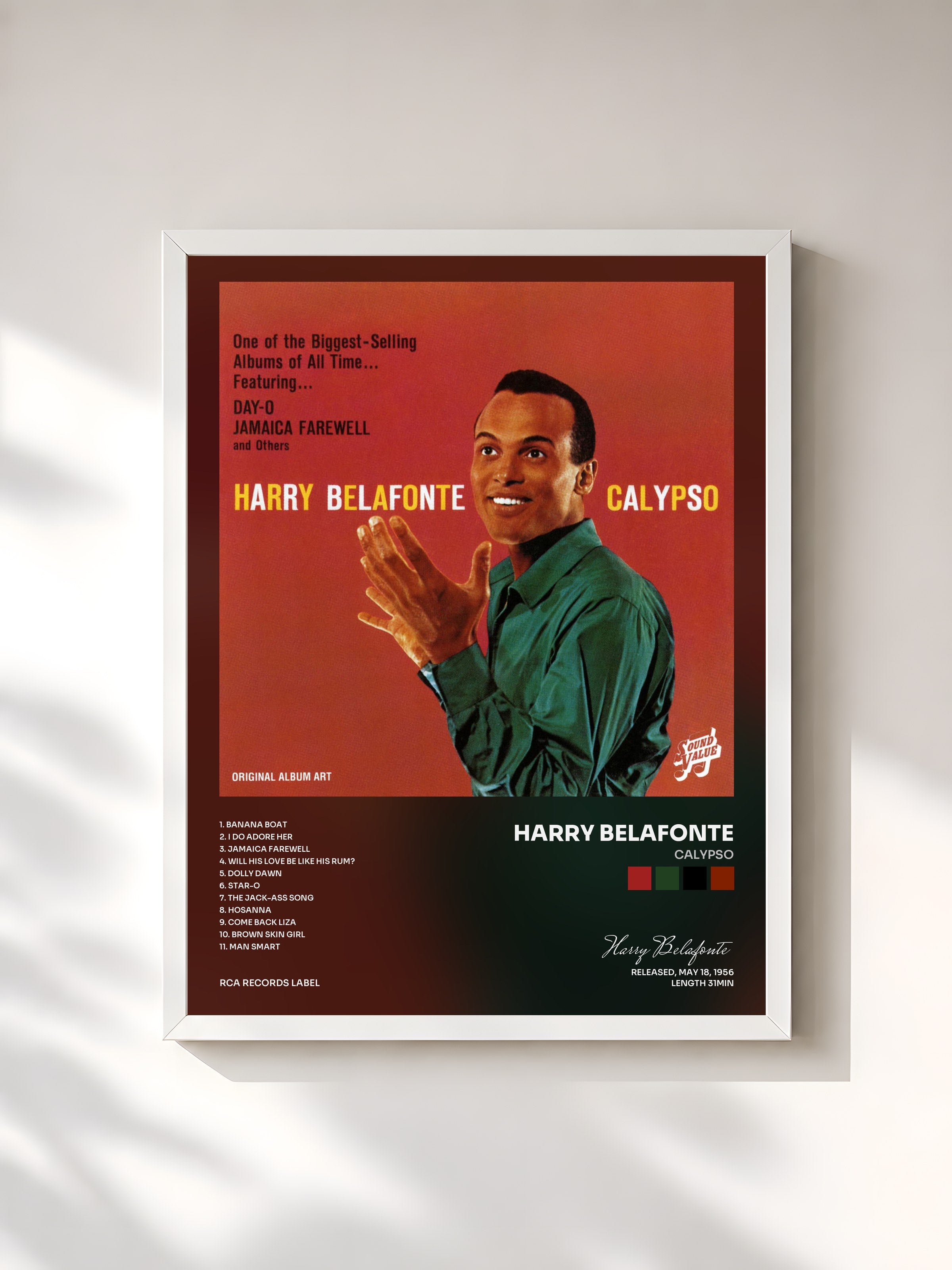 #blanc Tableau de l'album Calypso de Harry Belafonte, cadre blanc, imprimé et encadré en France