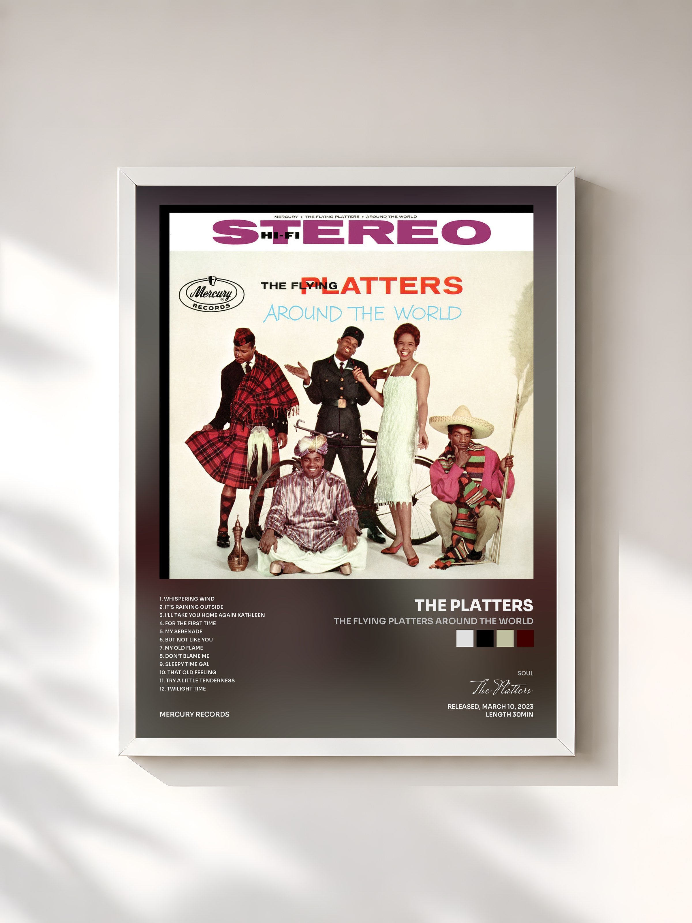 #blanc Tableau de l'album The Flying Platters Around The World de The Platters, cadre blanc, imprimé et encadré en France