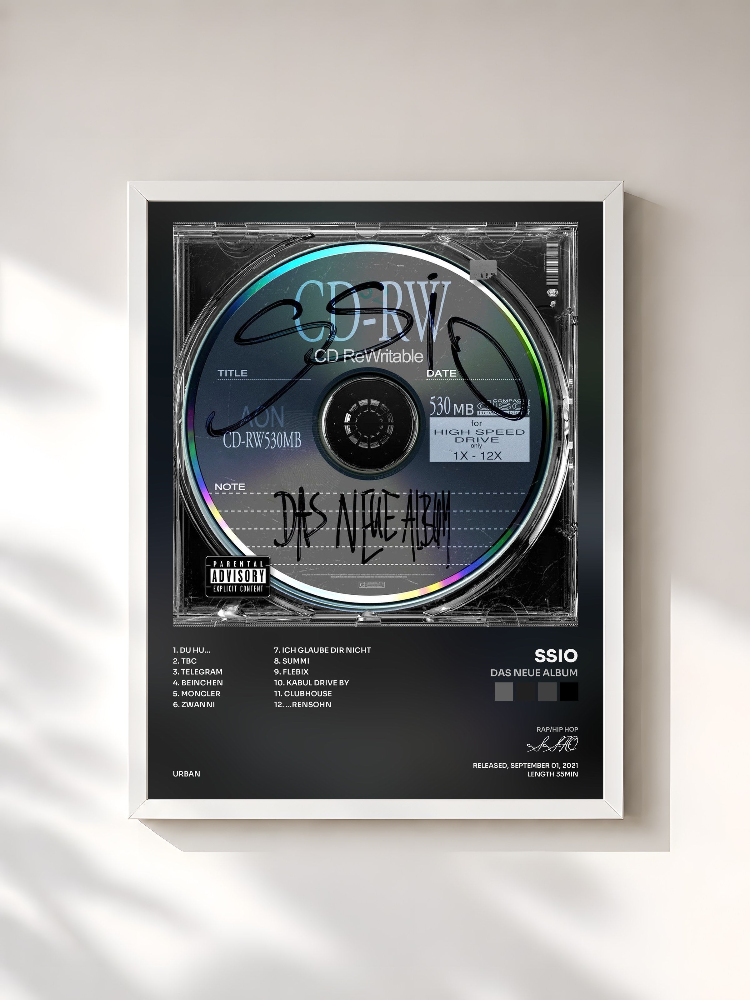 #blanc Tableau de l'album Das neue Album de SSIO, cadre blanc, imprimé et encadré en France