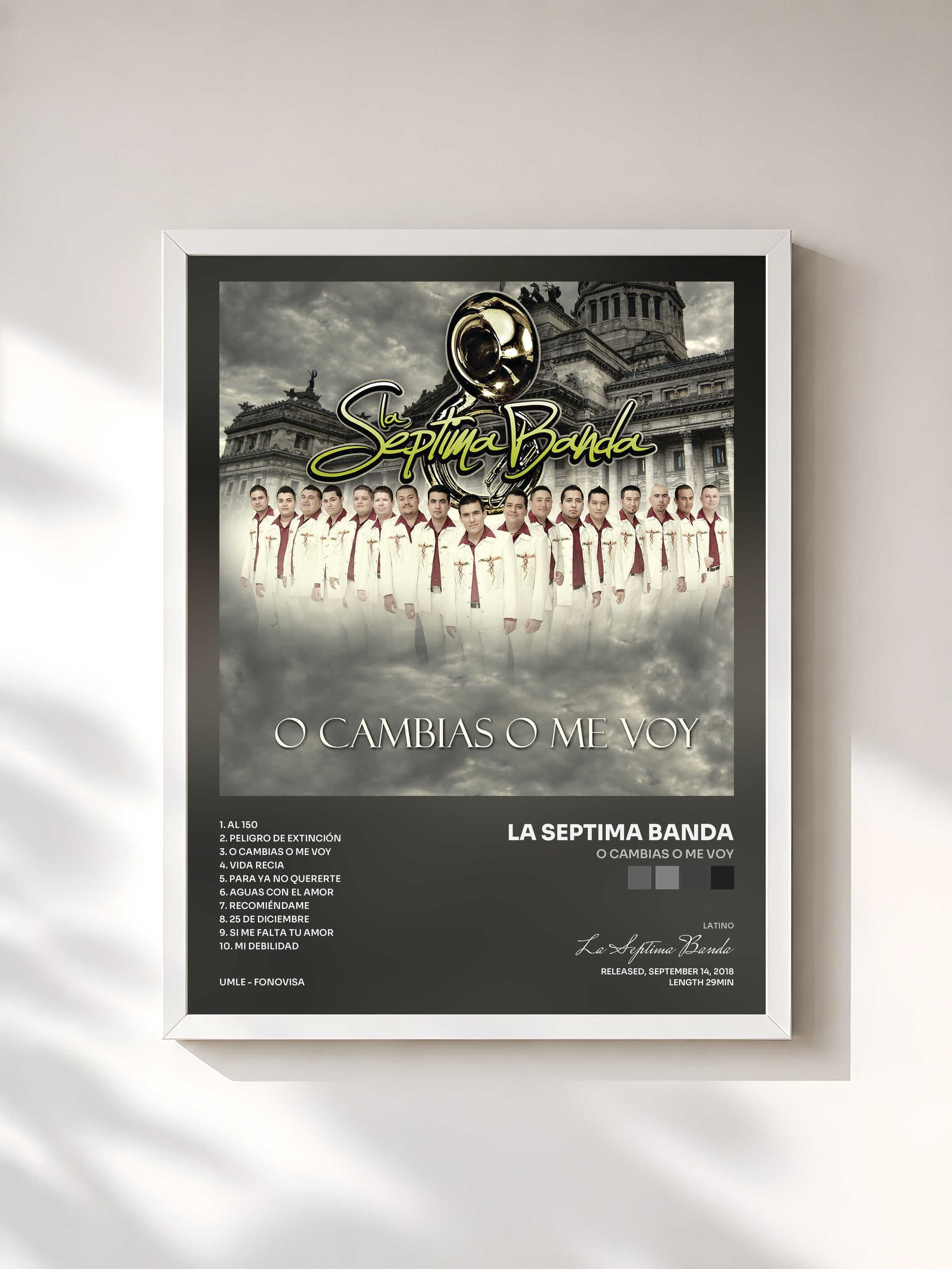 #blanc Tableau de l'album O Cambias O Me Voy de La Septima Banda, cadre blanc, imprimé et encadré en France