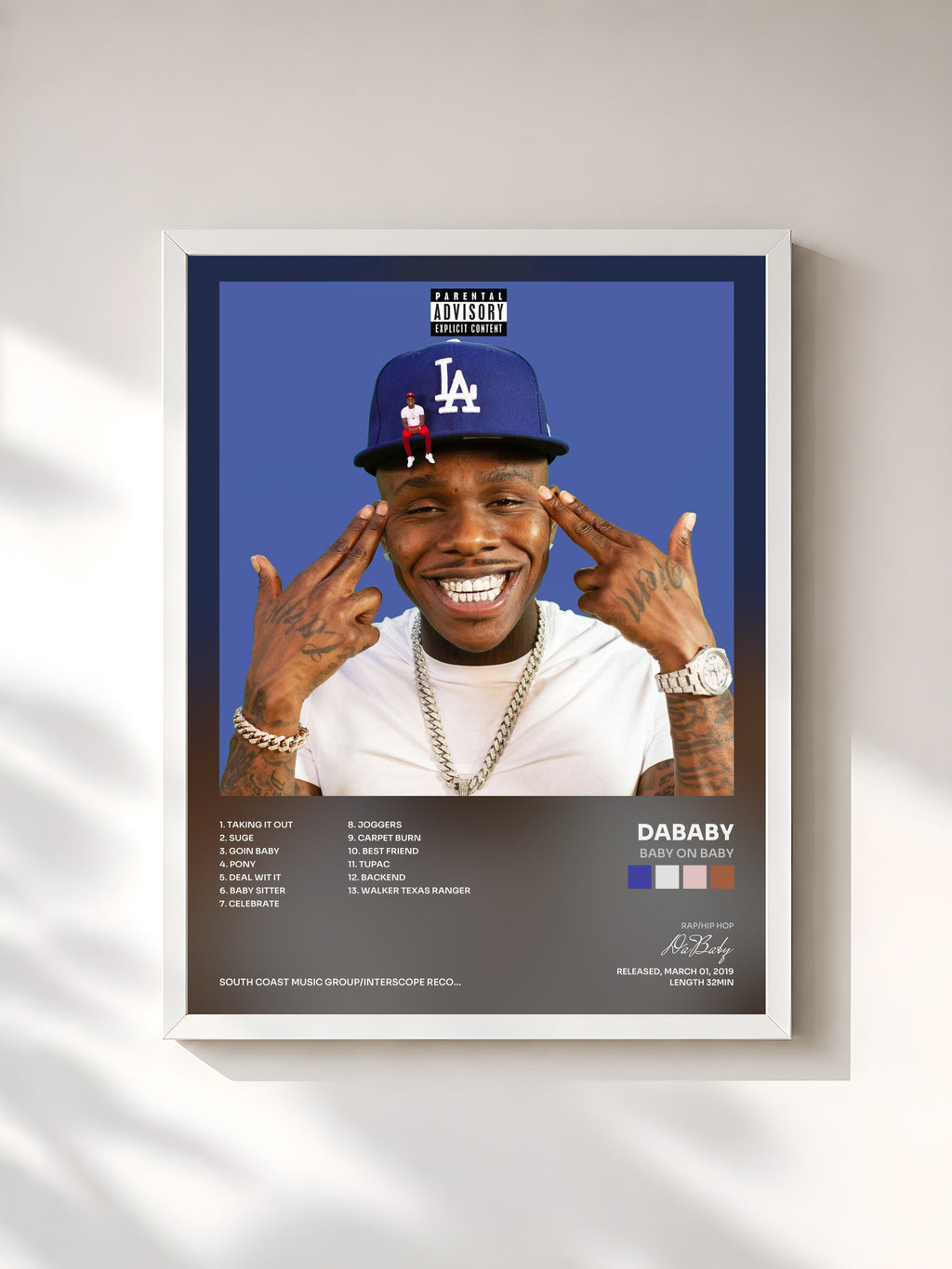 #blanc Tableau de l'album Baby On Baby de DaBaby, cadre blanc, imprimé et encadré en France
