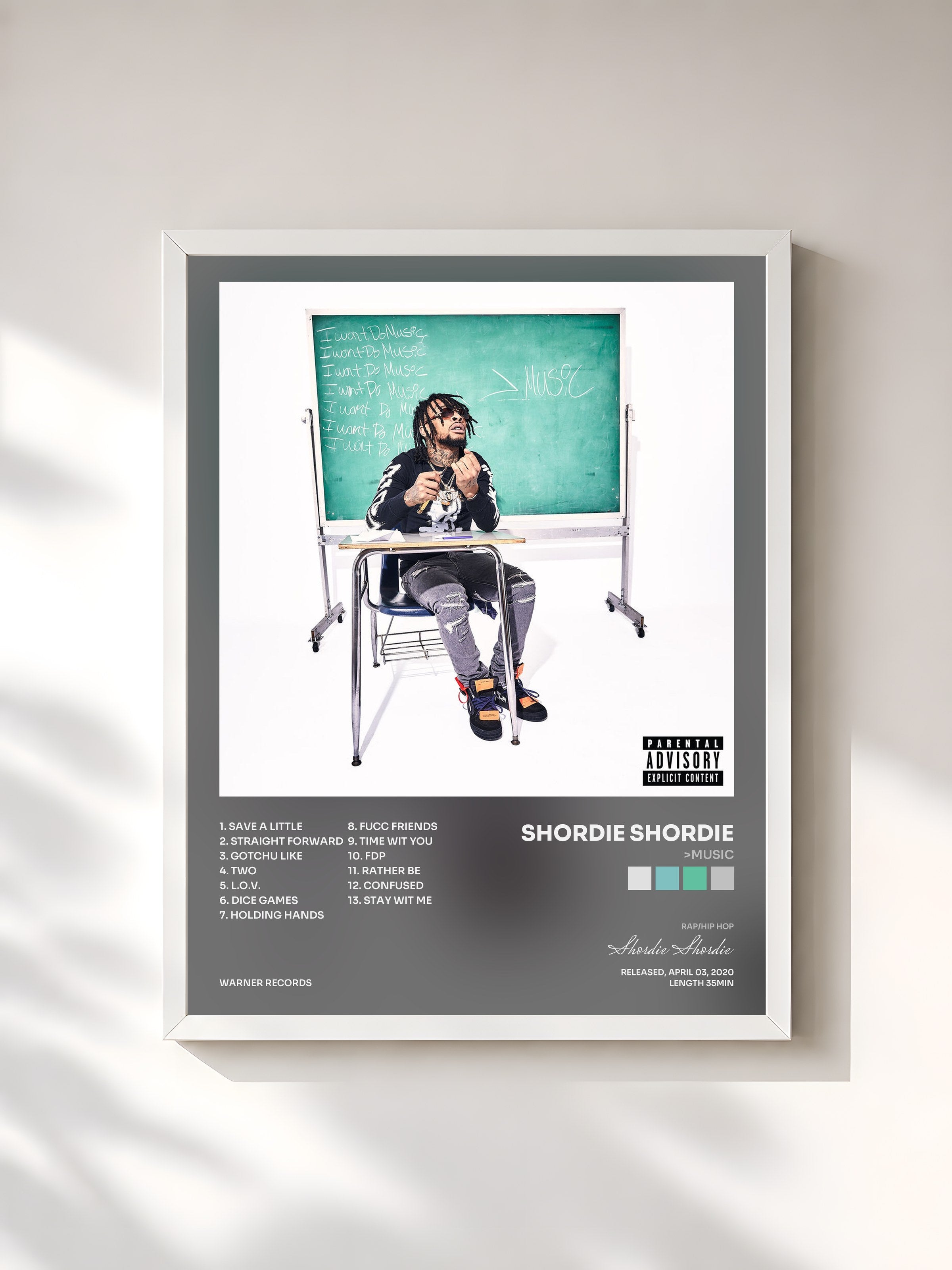 #blanc Tableau de l'album >Music de Shordie Shordie, cadre blanc, imprimé et encadré en France