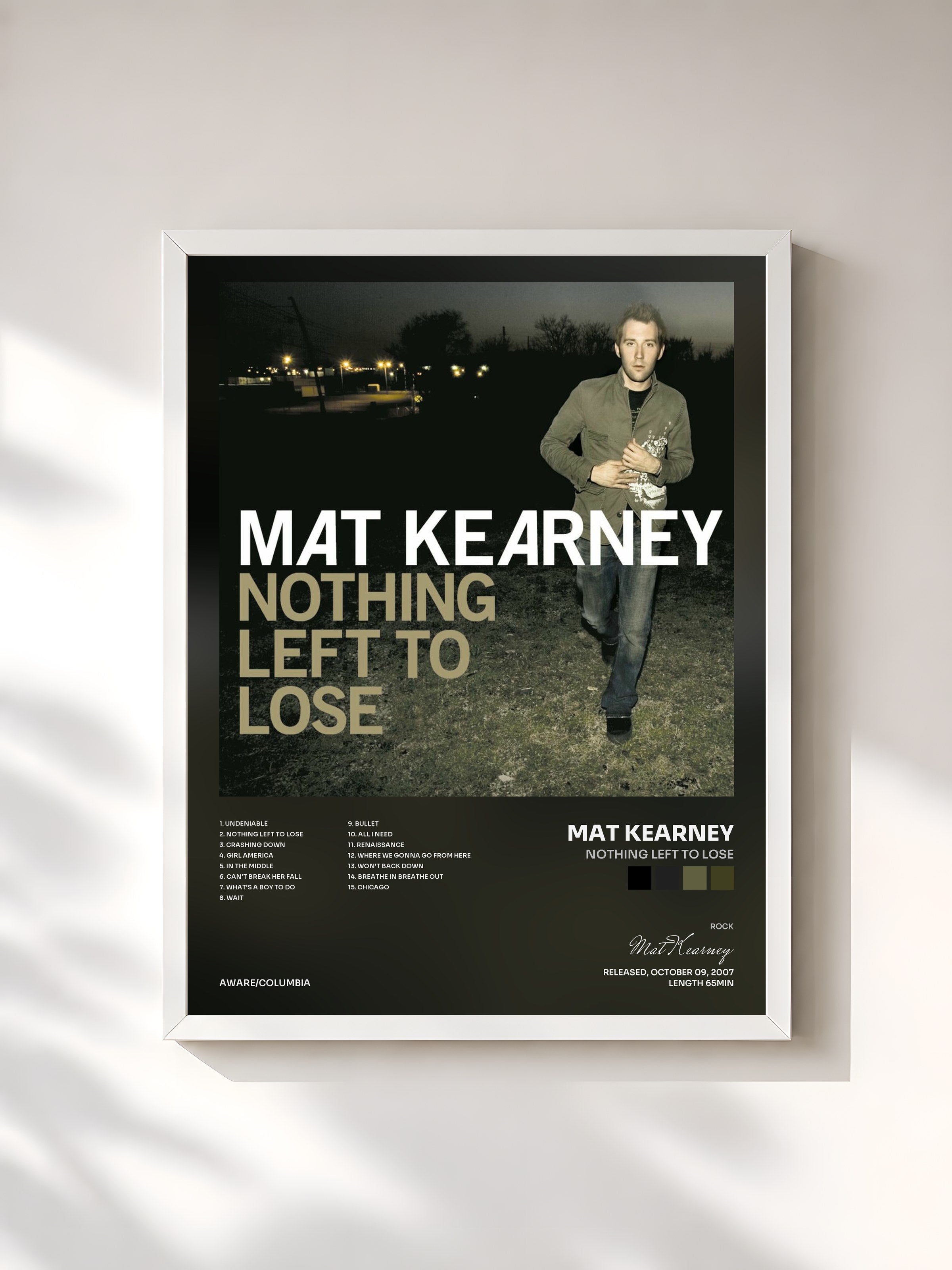 #blanc Tableau de l'album Nothing Left To Lose de Mat Kearney, cadre blanc, imprimé et encadré en France
