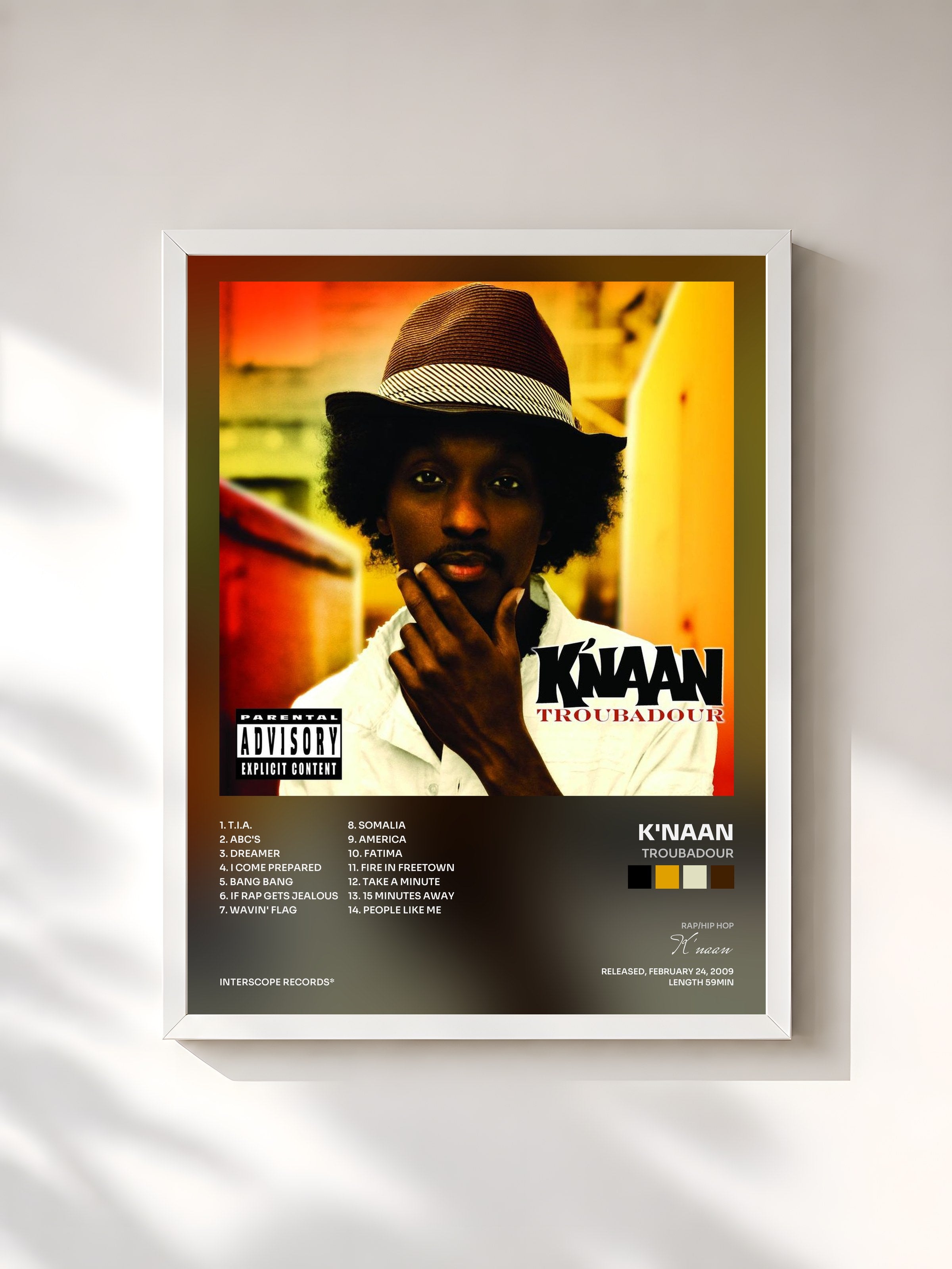 #blanc Tableau de l'album Troubadour de K'naan, cadre blanc, imprimé et encadré en France