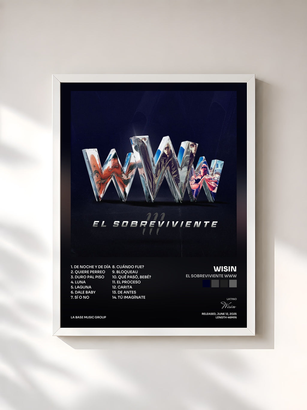 #blanc Tableau de l'album EL SOBREVIVIENTE WWW de Wisin, cadre blanc, imprimé et encadré en France