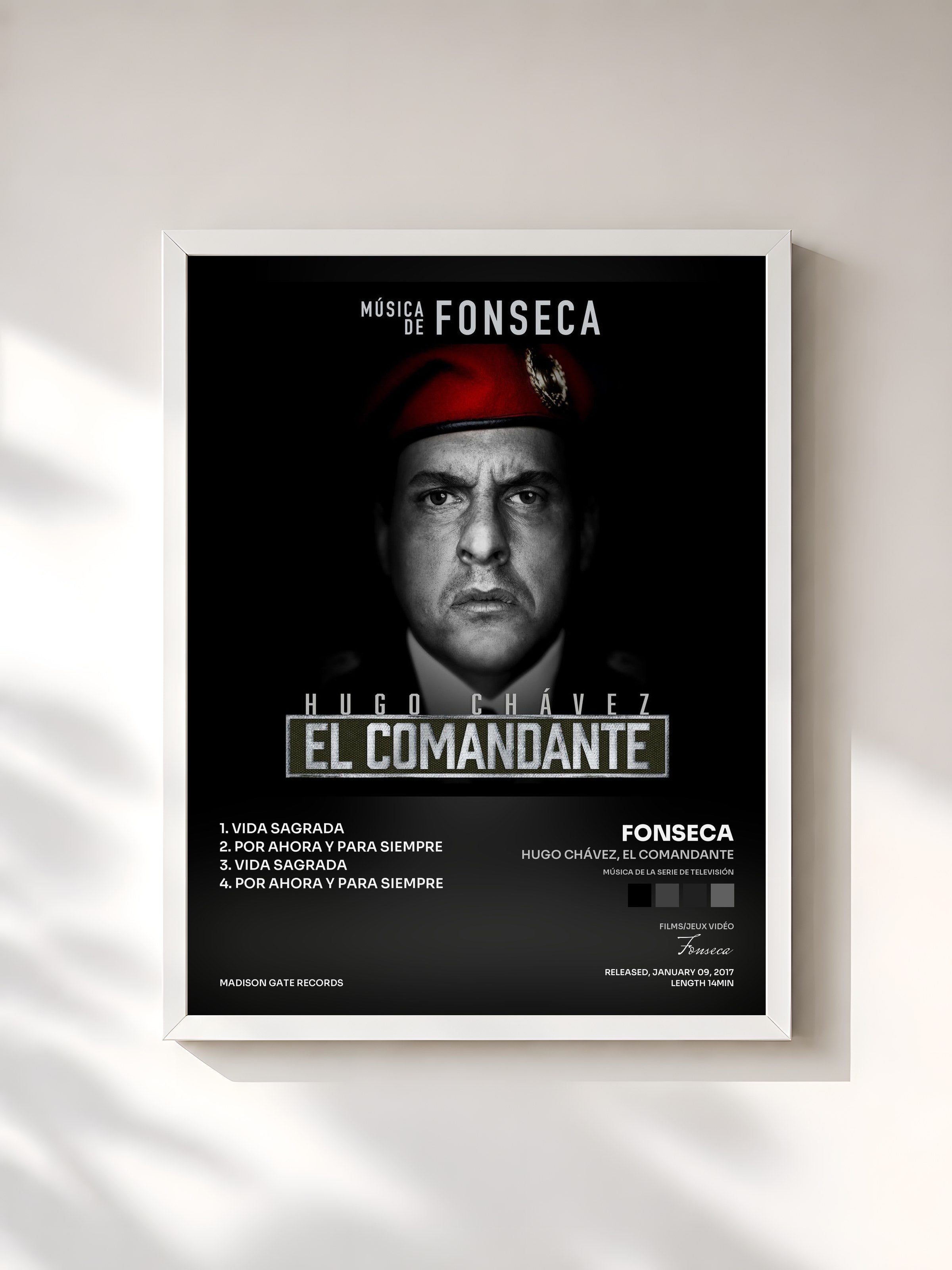 #blanc Tableau de l'album Hugo Chávez, El Comandante (Música de la Serie de Televisión) de Fonseca, cadre blanc, imprimé et encadré en France