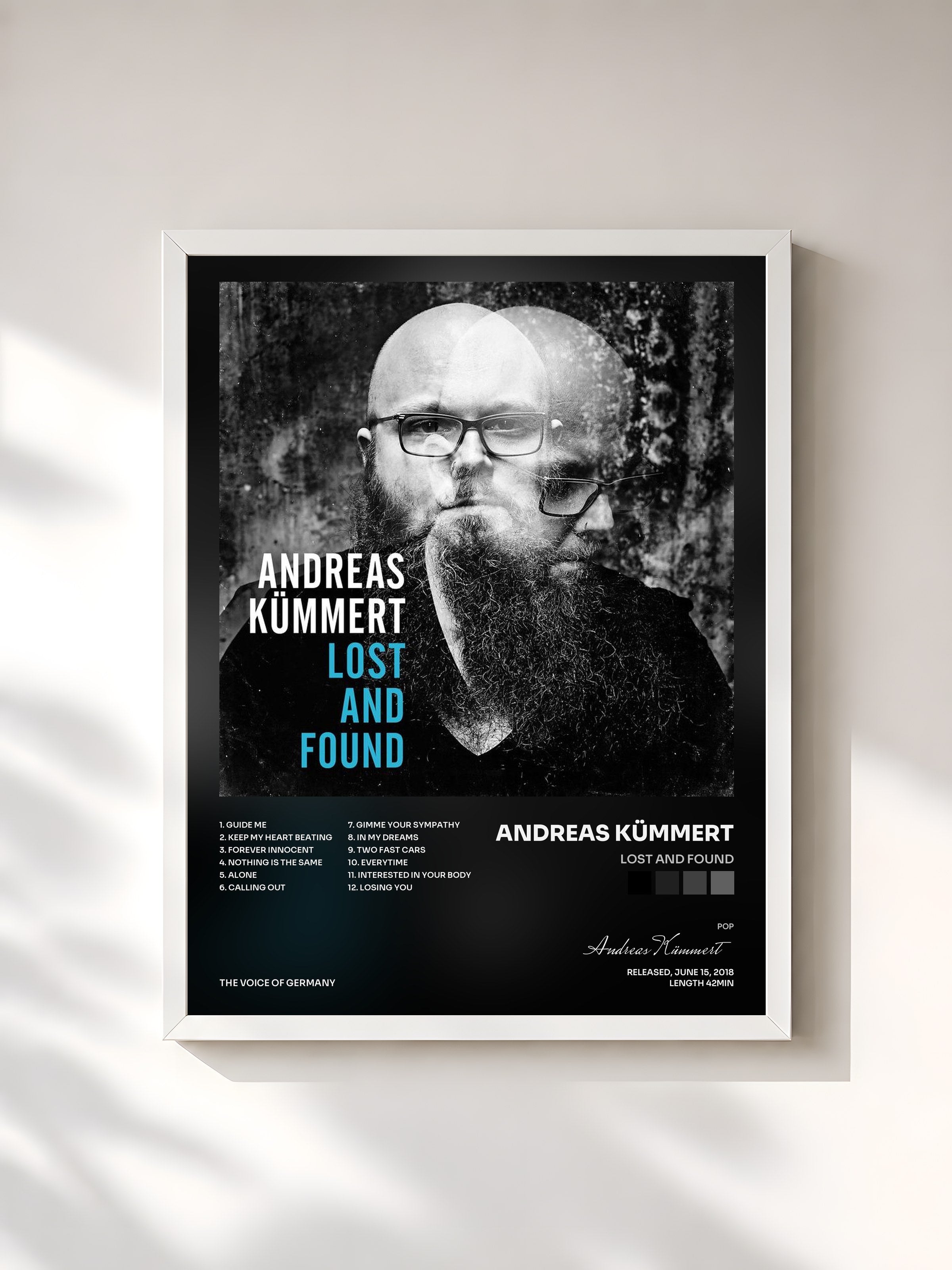 #blanc Tableau de l'album Lost And Found de Andreas Kümmert, cadre blanc, imprimé et encadré en France
