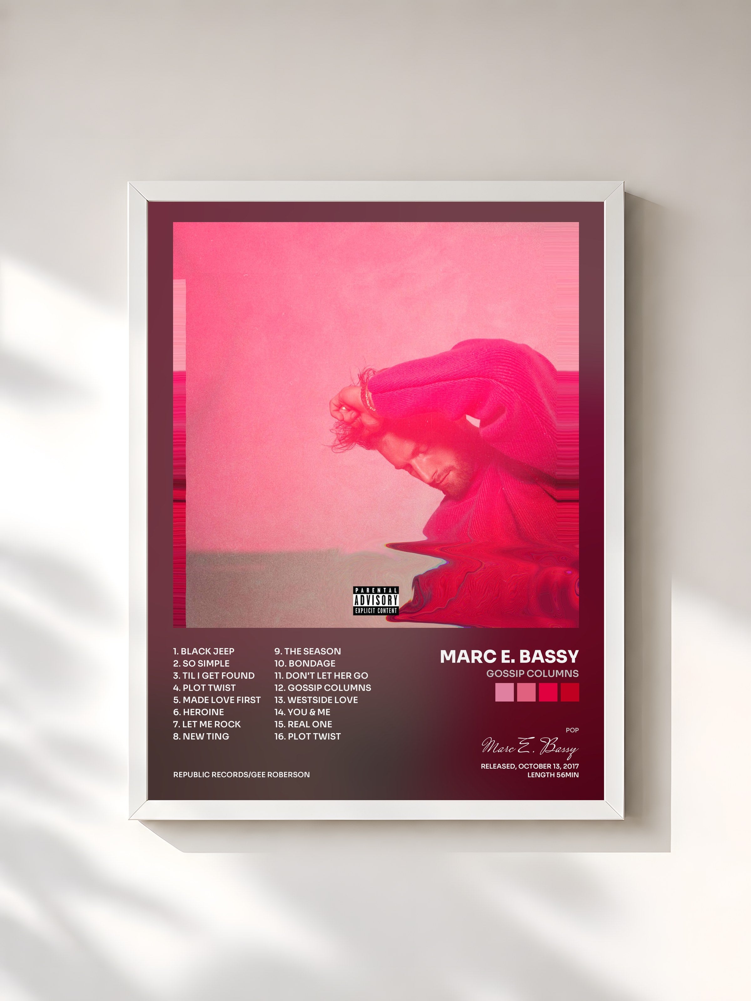 #blanc Tableau de l'album Gossip Columns de Marc E. Bassy, cadre blanc, imprimé et encadré en France
