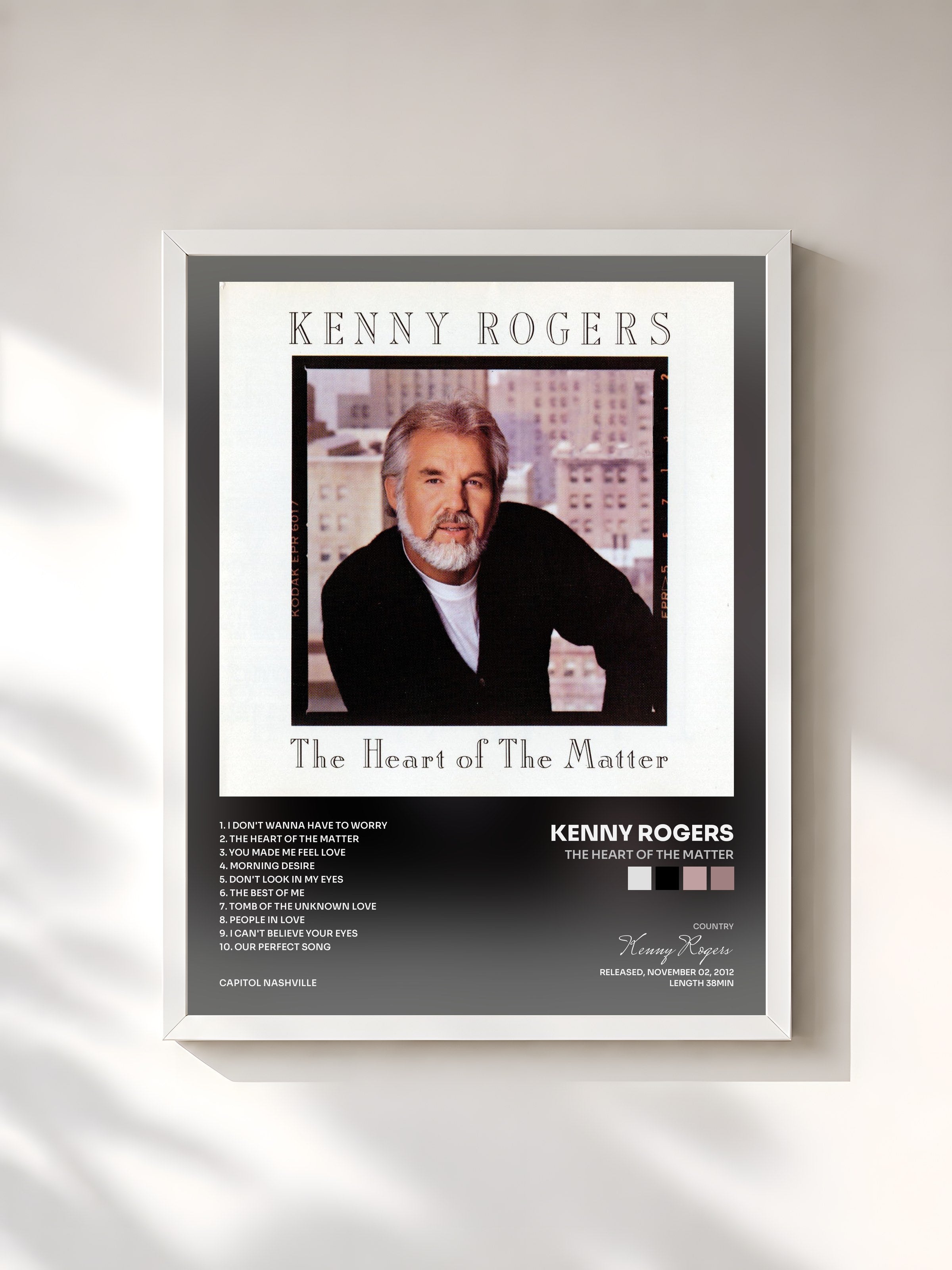 #blanc Tableau de l'album The Heart of the Matter de Kenny Rogers, cadre blanc, imprimé et encadré en France