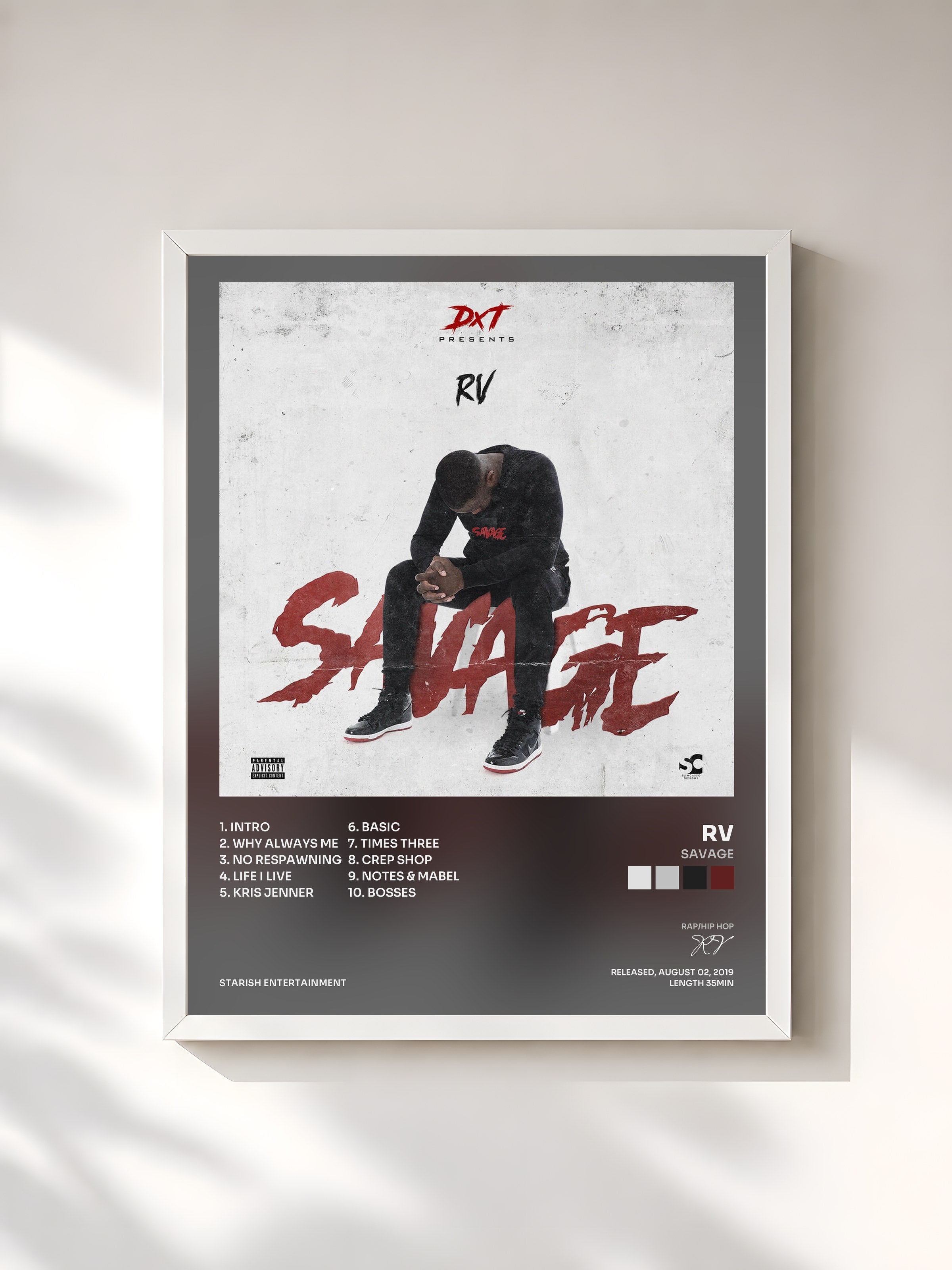 #blanc Tableau de l'album Savage de RV, cadre blanc, imprimé et encadré en France
