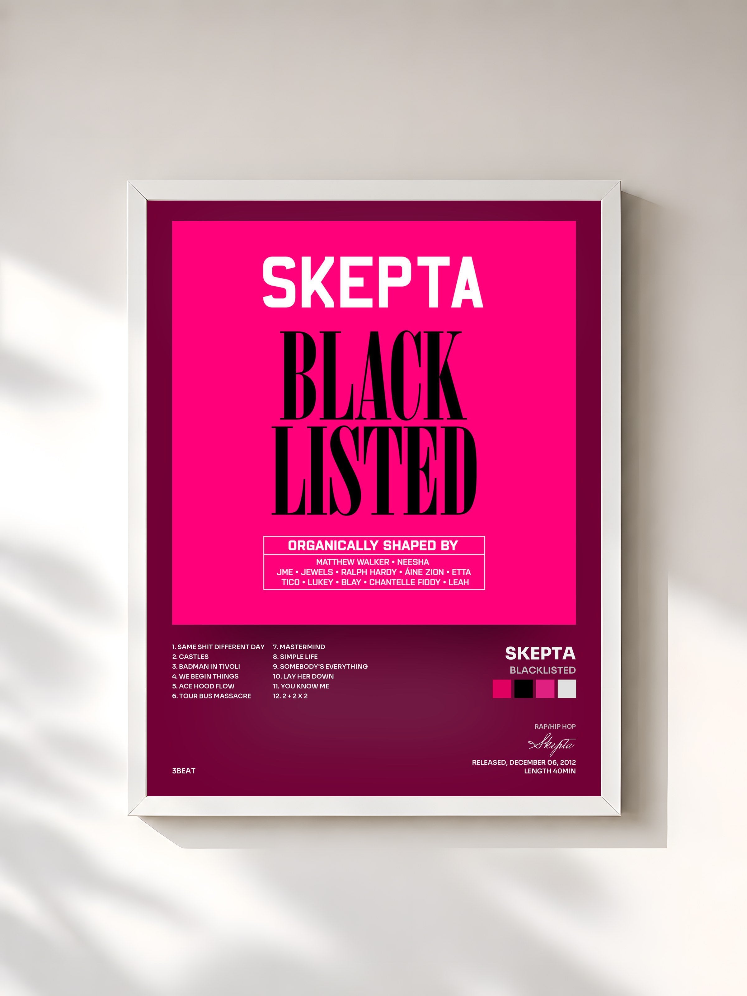 #blanc Tableau de l'album Blacklisted de Skepta, cadre blanc, imprimé et encadré en France