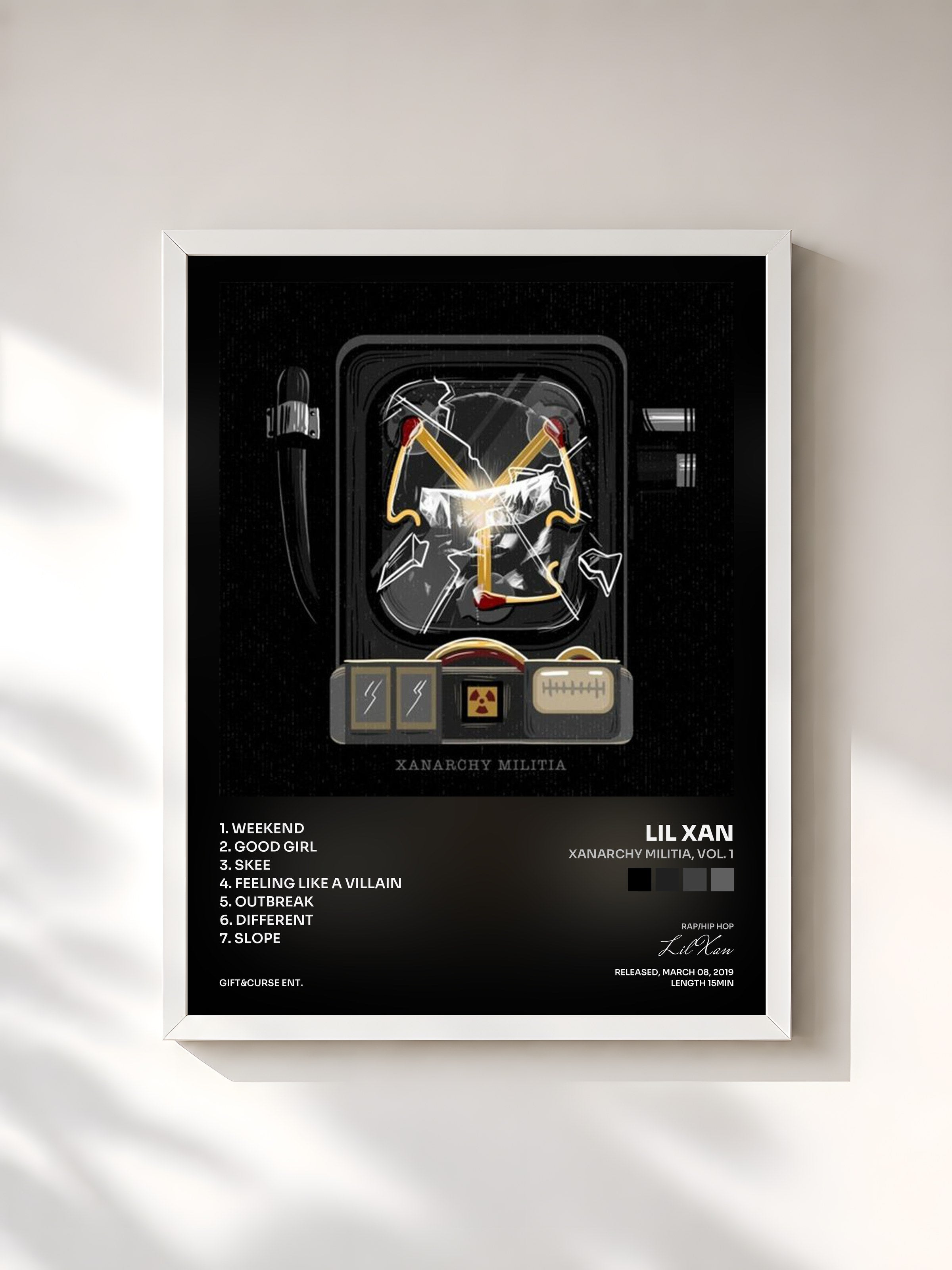 #blanc Tableau de l'album Xanarchy Militia, Vol. 1 de Lil Xan, cadre blanc, imprimé et encadré en France