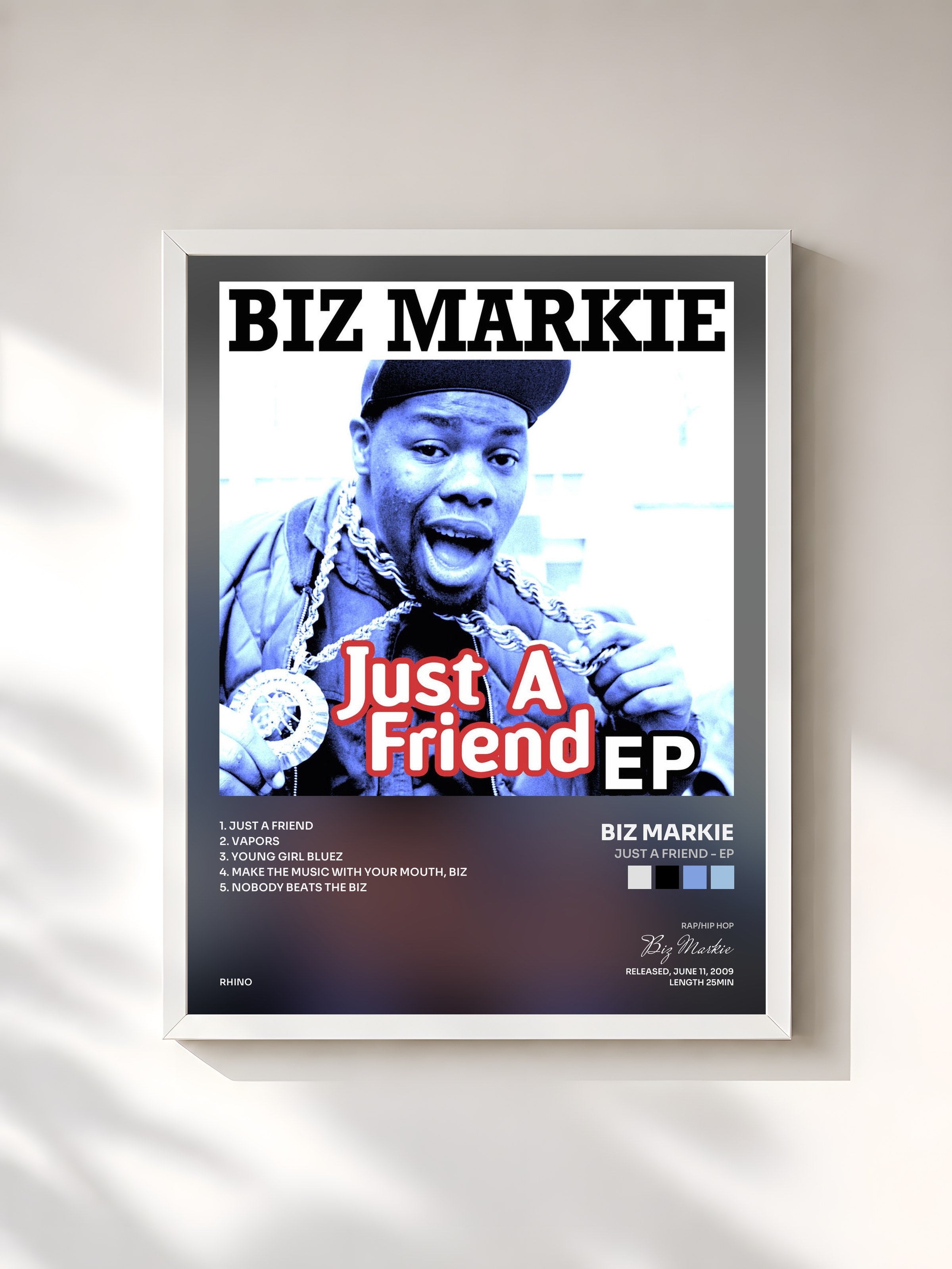 #blanc Tableau de l'album Just a Friend - EP de Biz Markie, cadre blanc, imprimé et encadré en France