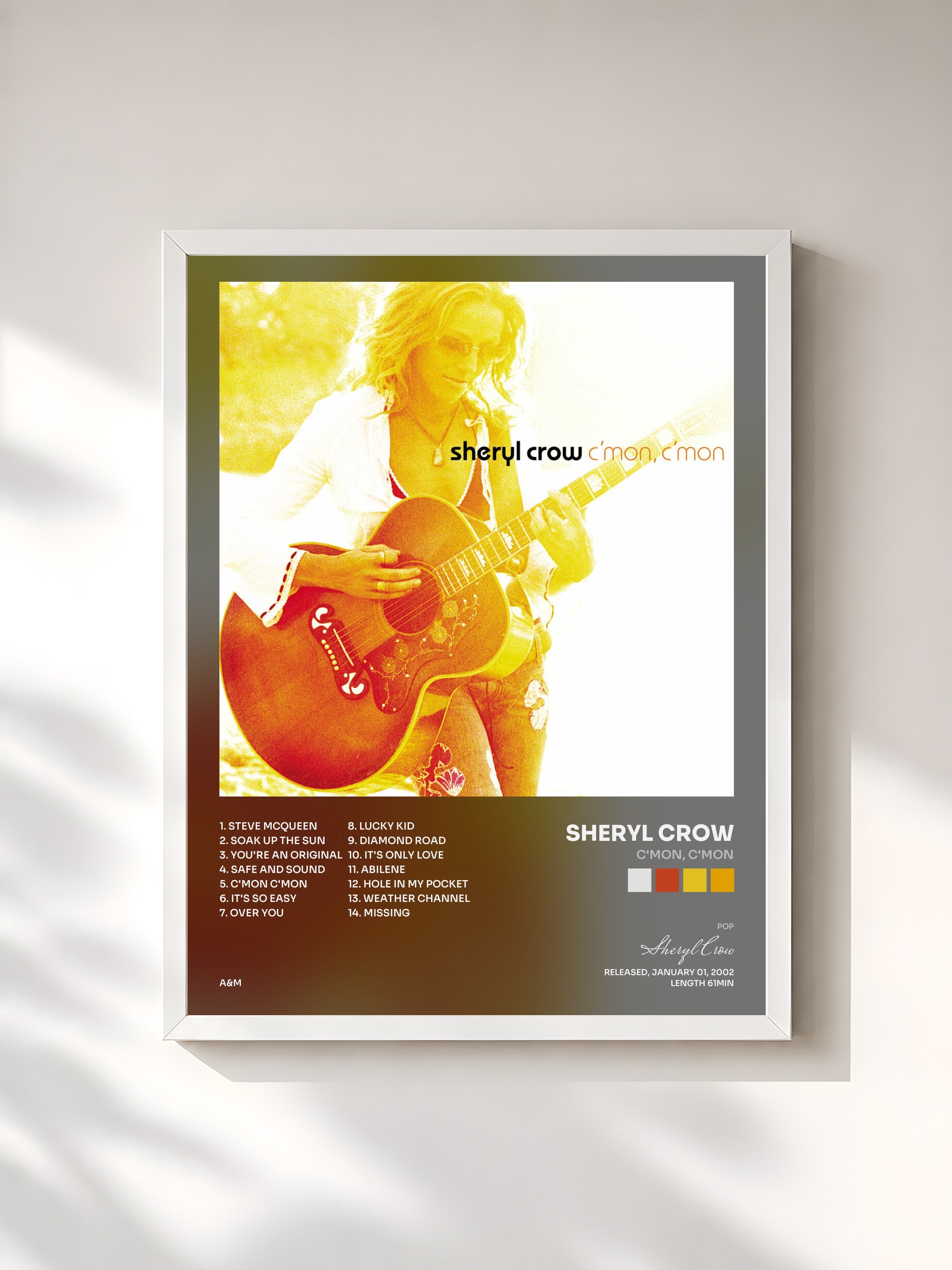 #blanc Tableau de l'album C'mon, C'mon de Sheryl Crow, cadre blanc, imprimé et encadré en France