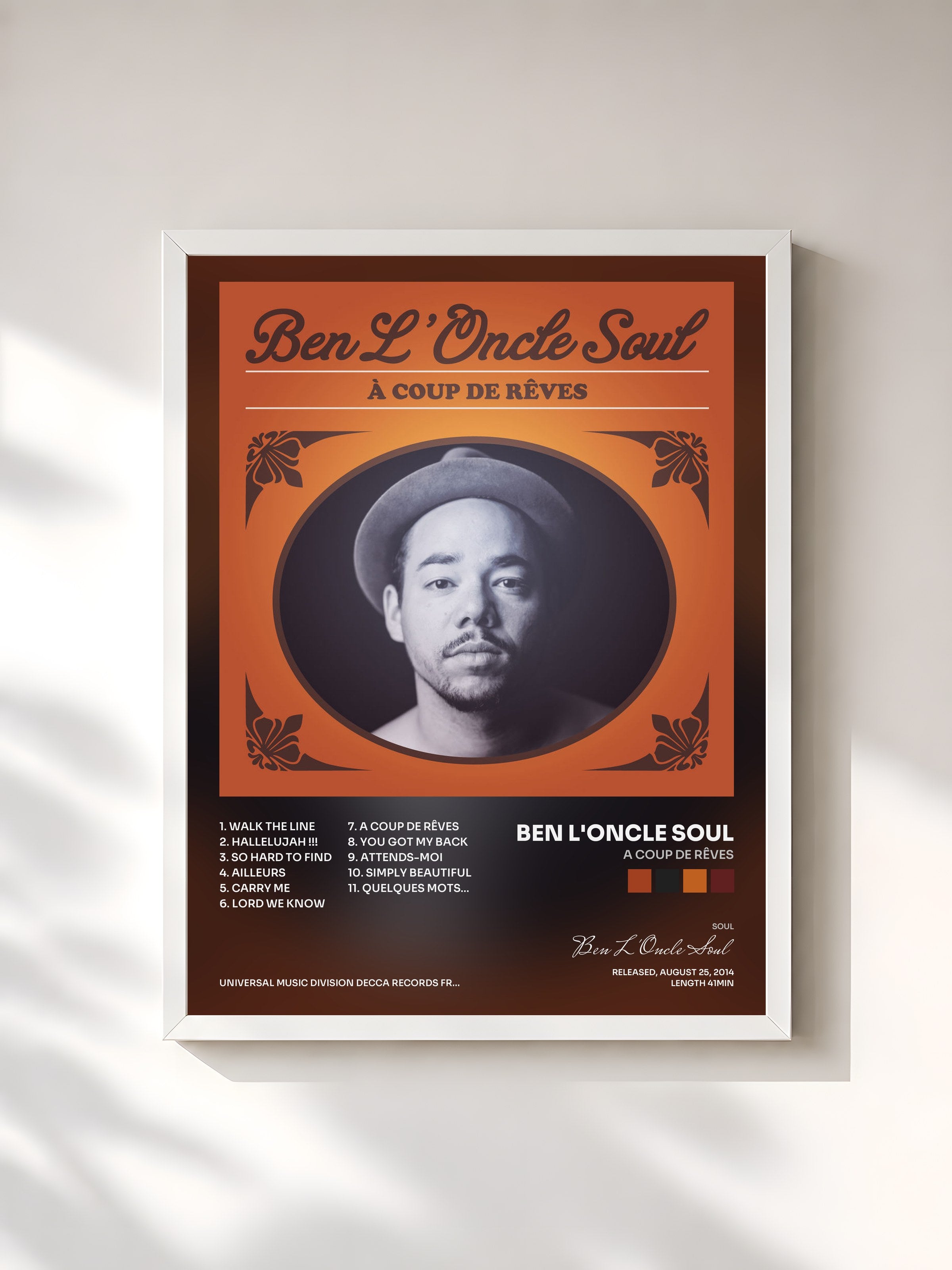 #blanc Tableau de l'album A Coup De Rêves de Ben L'Oncle Soul, cadre blanc, imprimé et encadré en France