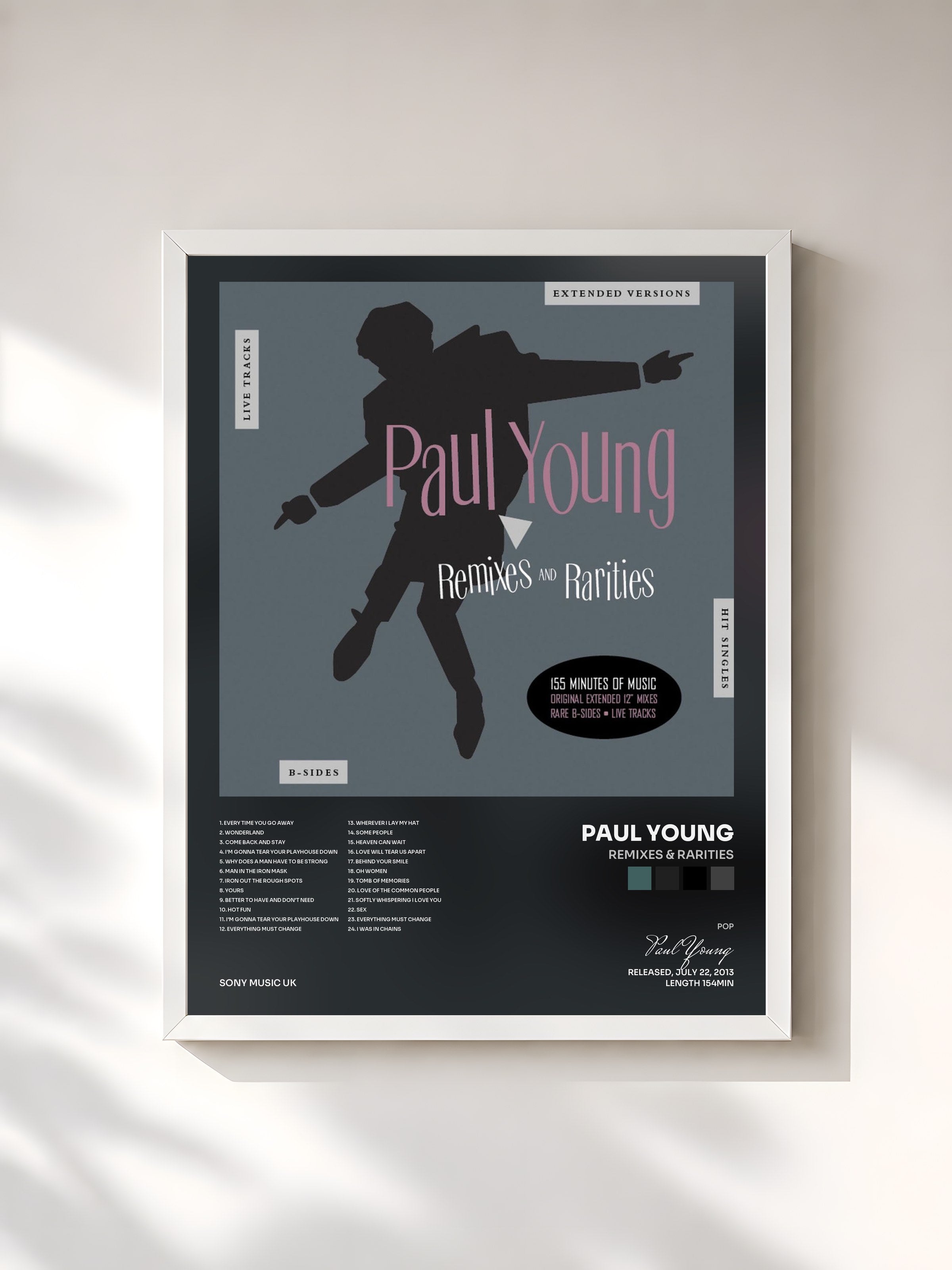 #blanc Tableau de l'album Remixes & Rarities de Paul Young, cadre blanc, imprimé et encadré en France