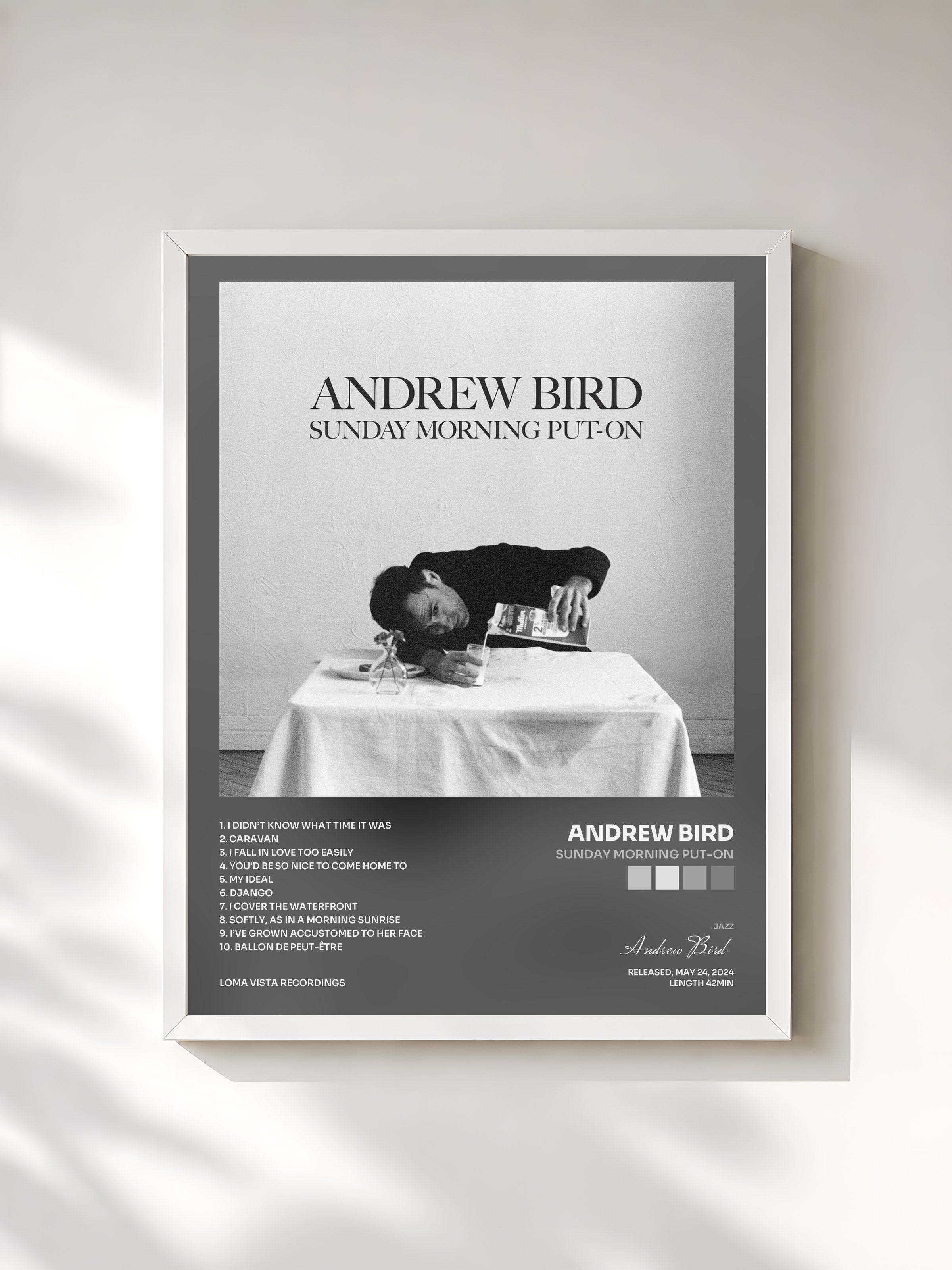 #blanc Tableau de l'album Sunday Morning Put-On de Andrew Bird, cadre blanc, imprimé et encadré en France