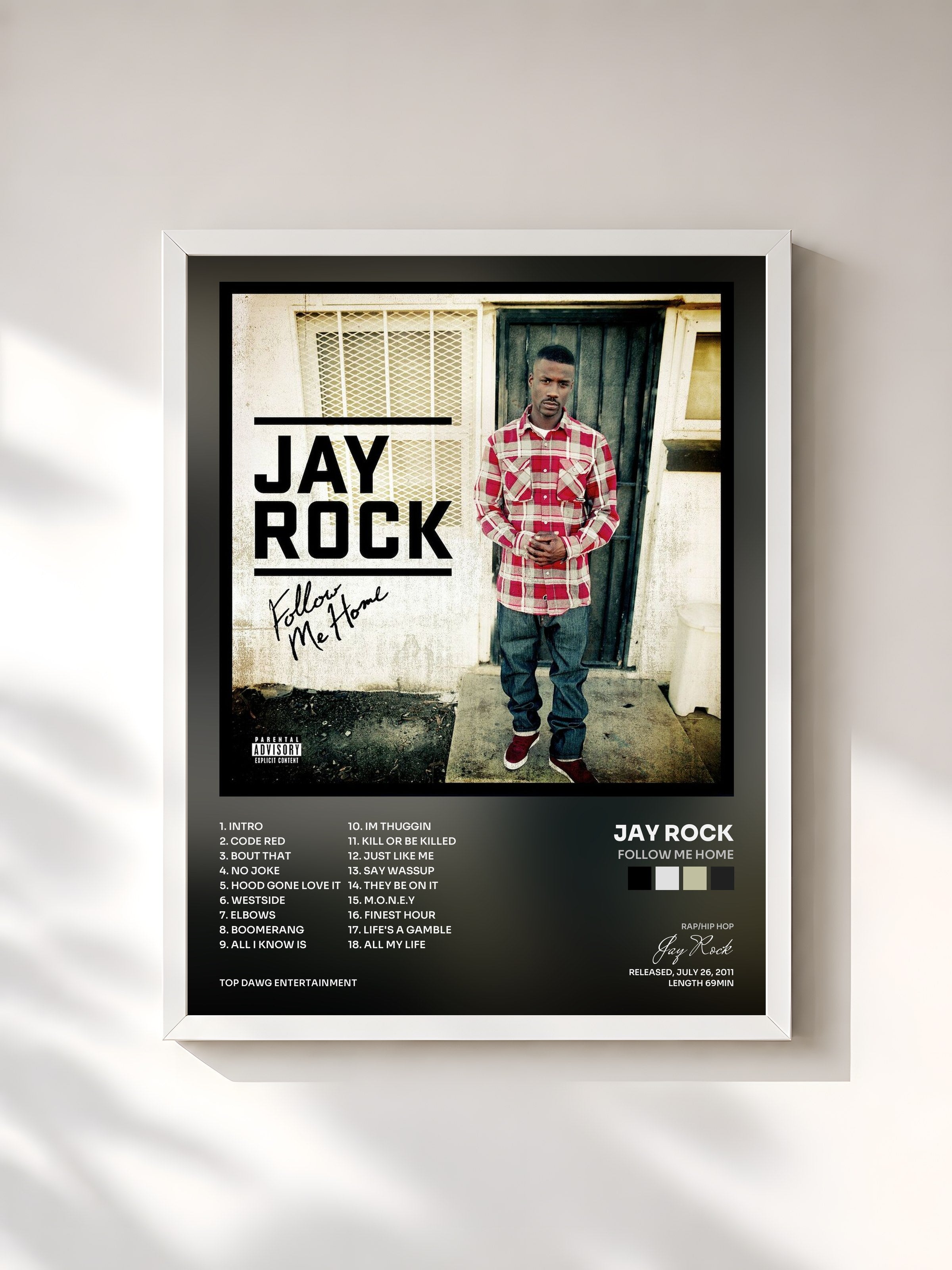 #blanc Tableau de l'album Follow Me Home de Jay Rock, cadre blanc, imprimé et encadré en France
