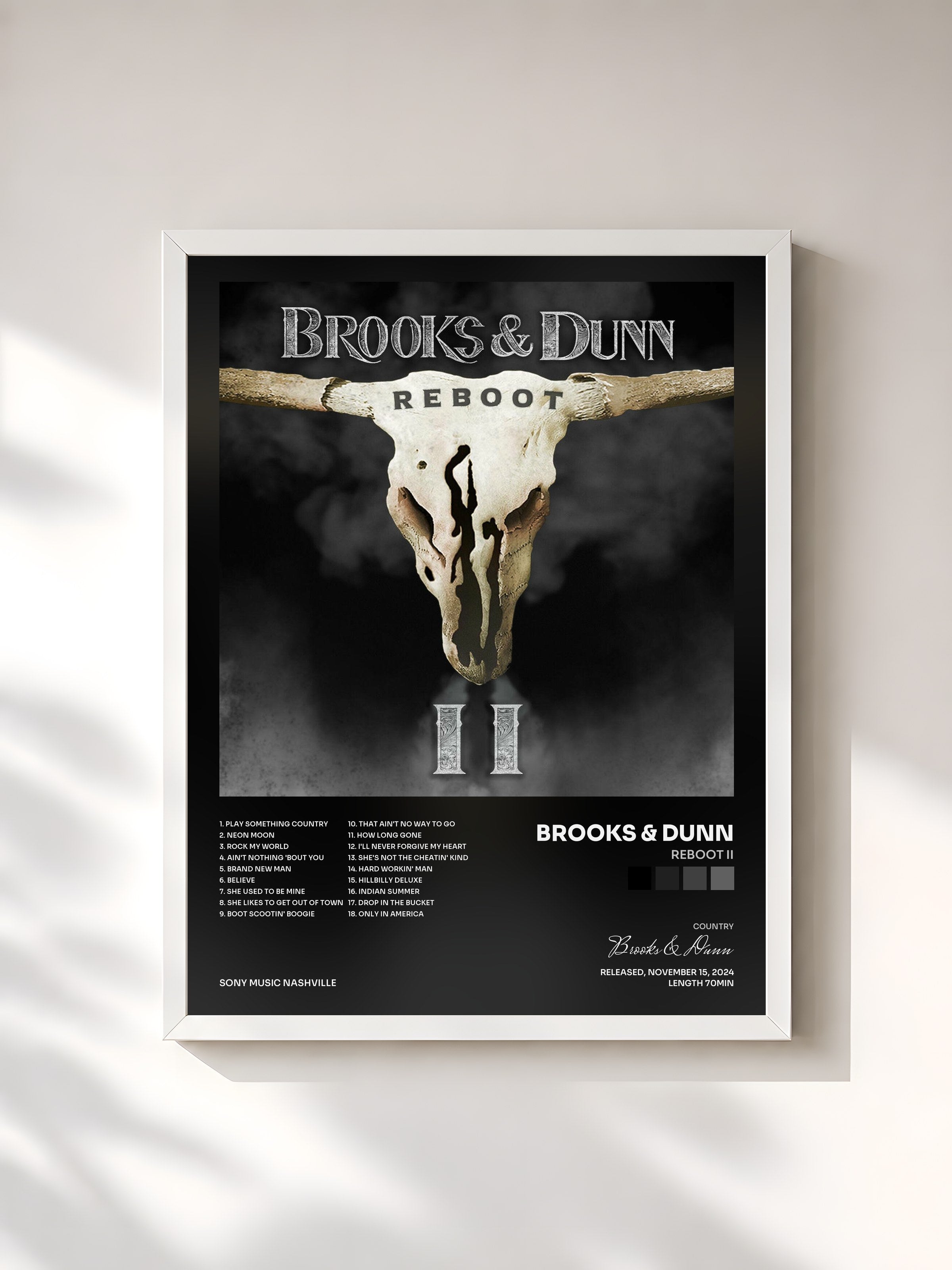 #blanc Tableau de l'album Reboot II de Brooks & Dunn, cadre blanc, imprimé et encadré en France