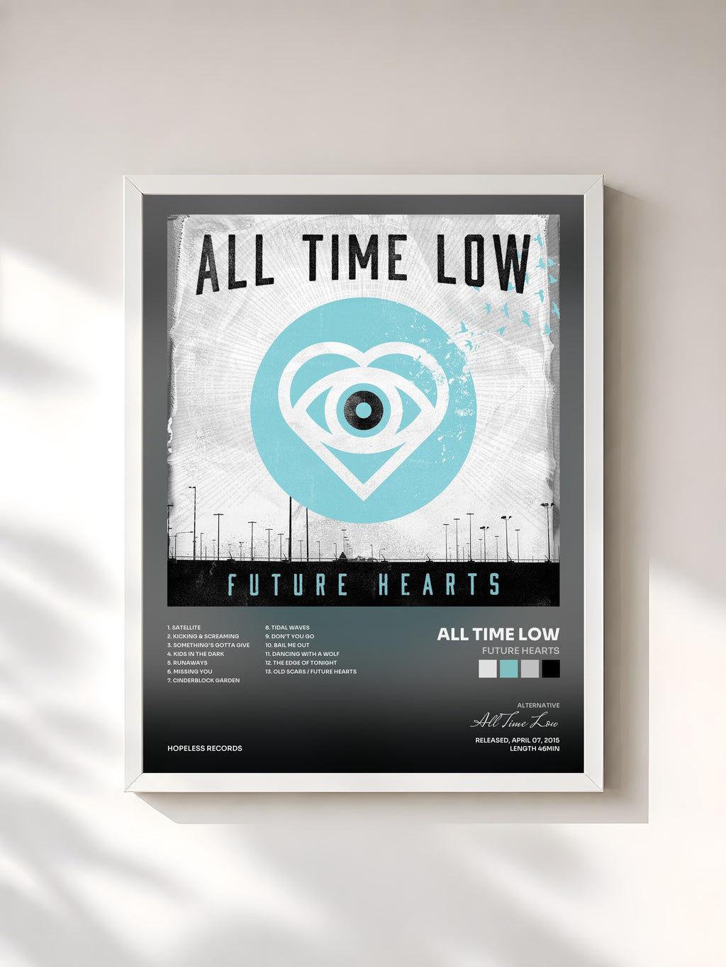 #blanc Tableau de l'album Future Hearts de All Time Low, cadre blanc, imprimé et encadré en France