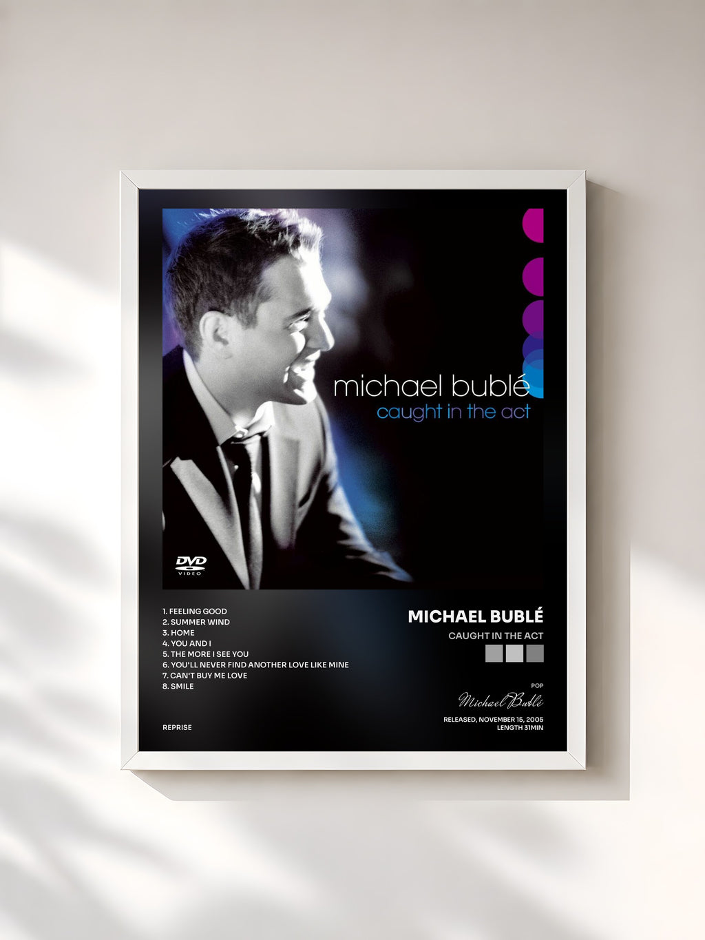 #blanc Tableau de l'album Caught in the Act de Michael Bublé, cadre blanc, imprimé et encadré en France