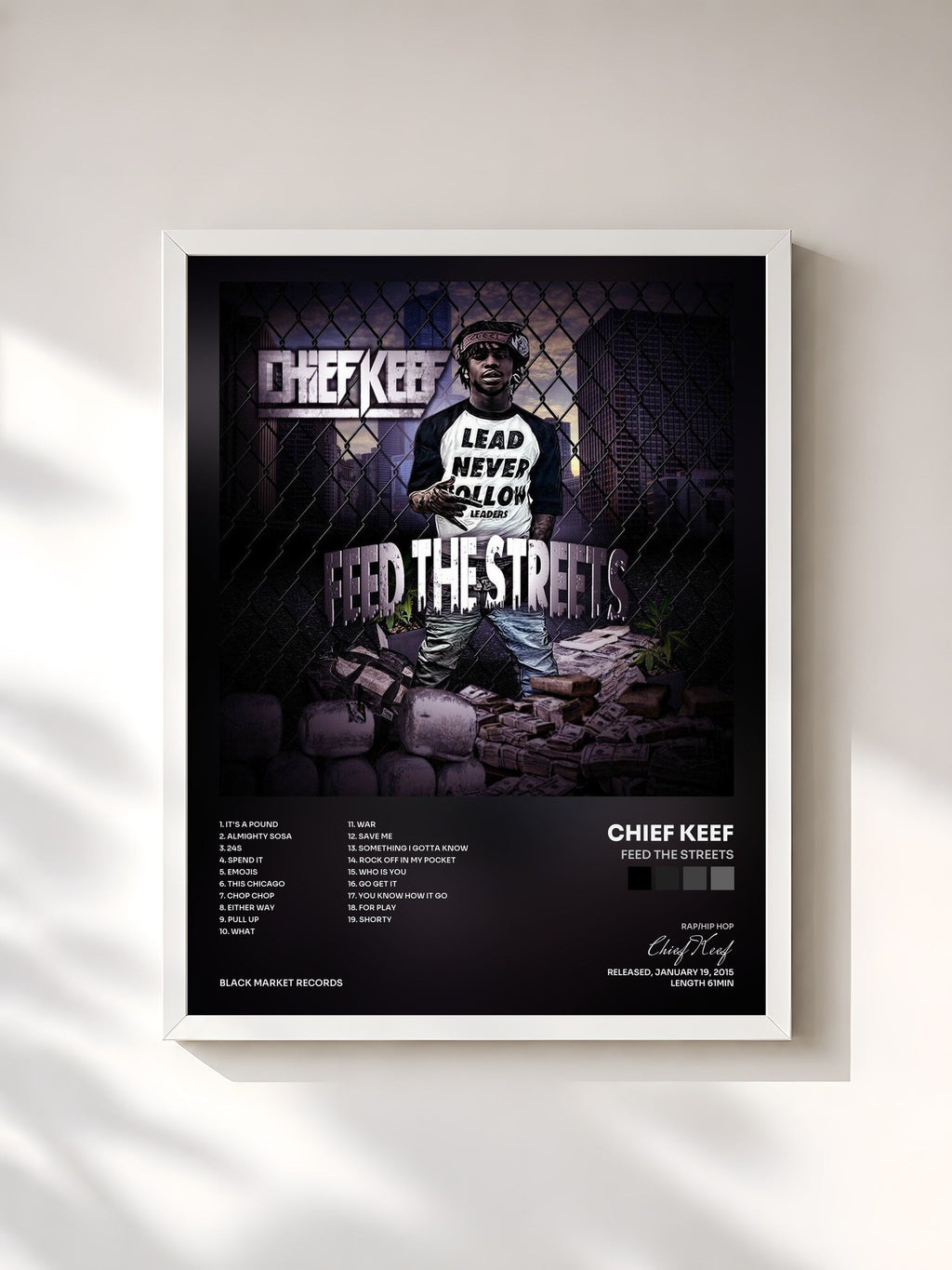 #blanc Tableau de l'album Feed The Streets de Chief Keef, cadre blanc, imprimé et encadré en France