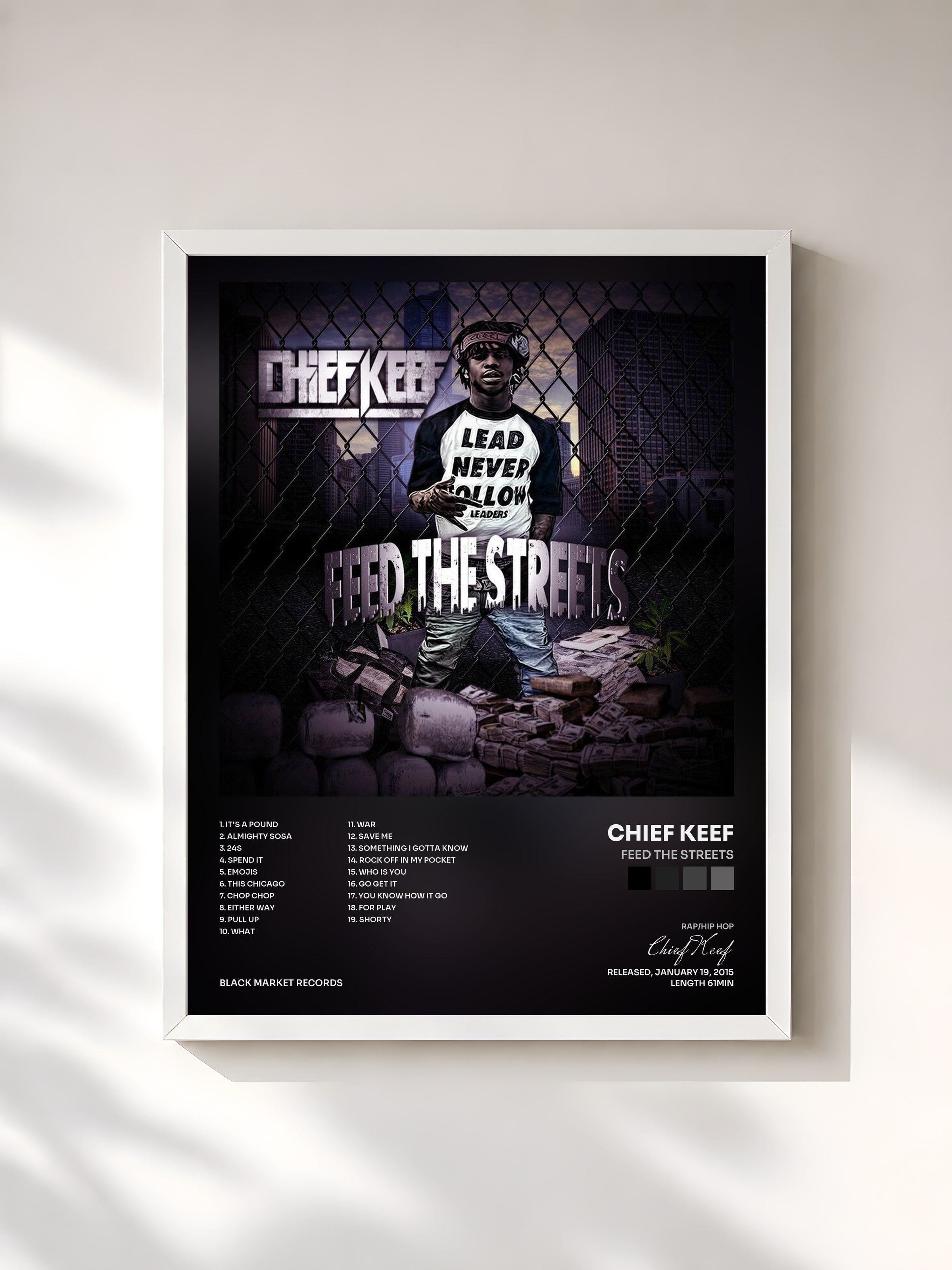 #blanc Tableau de l'album Feed The Streets de Chief Keef, cadre blanc, imprimé et encadré en France