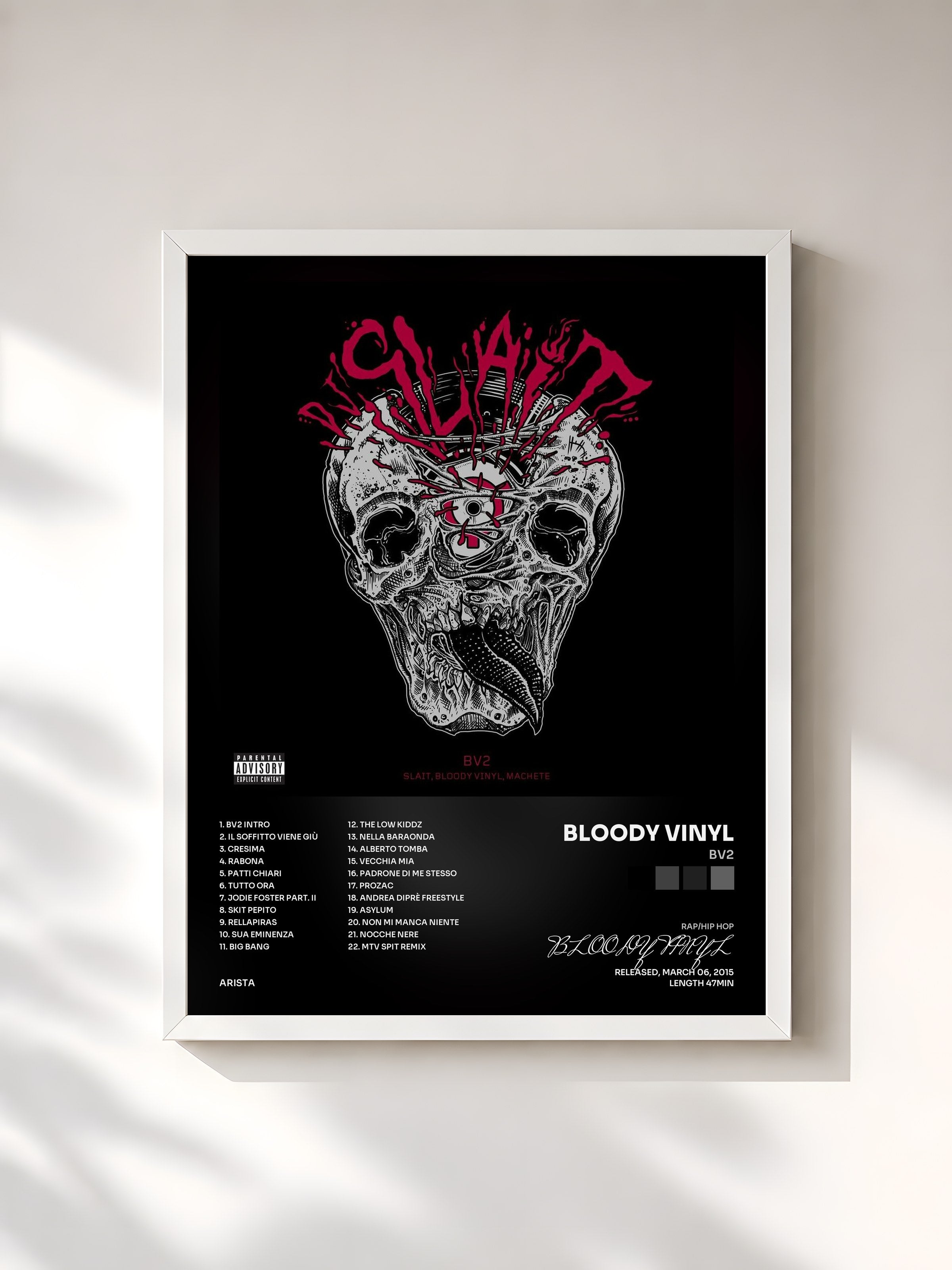 #blanc Tableau de l'album BV2 de BLOODY VINYL, cadre blanc, imprimé et encadré en France