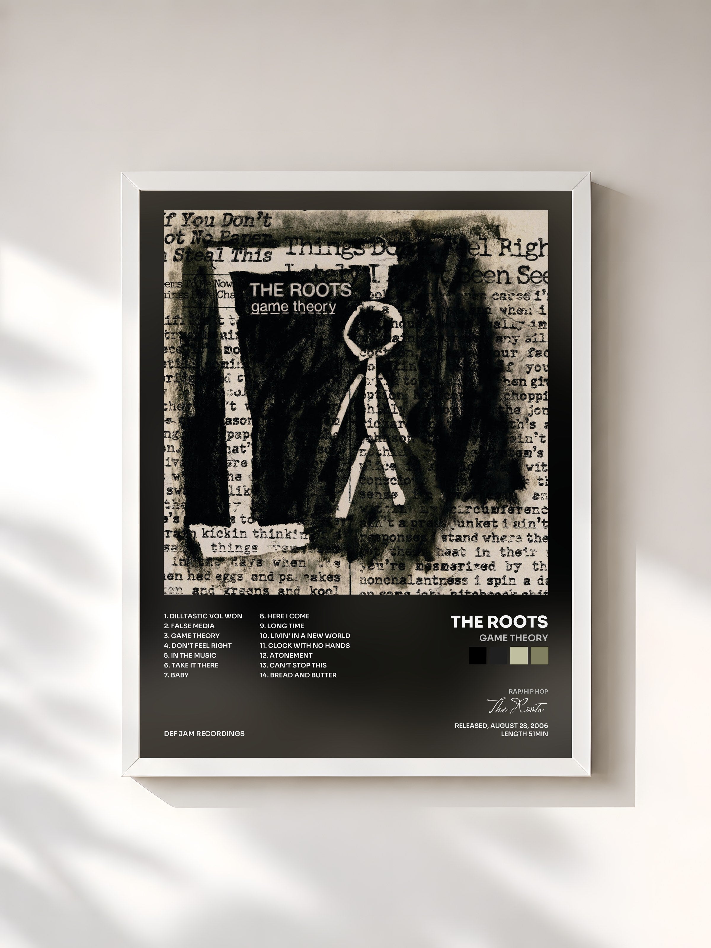 #blanc Tableau de l'album Game Theory de The Roots, cadre blanc, imprimé et encadré en France