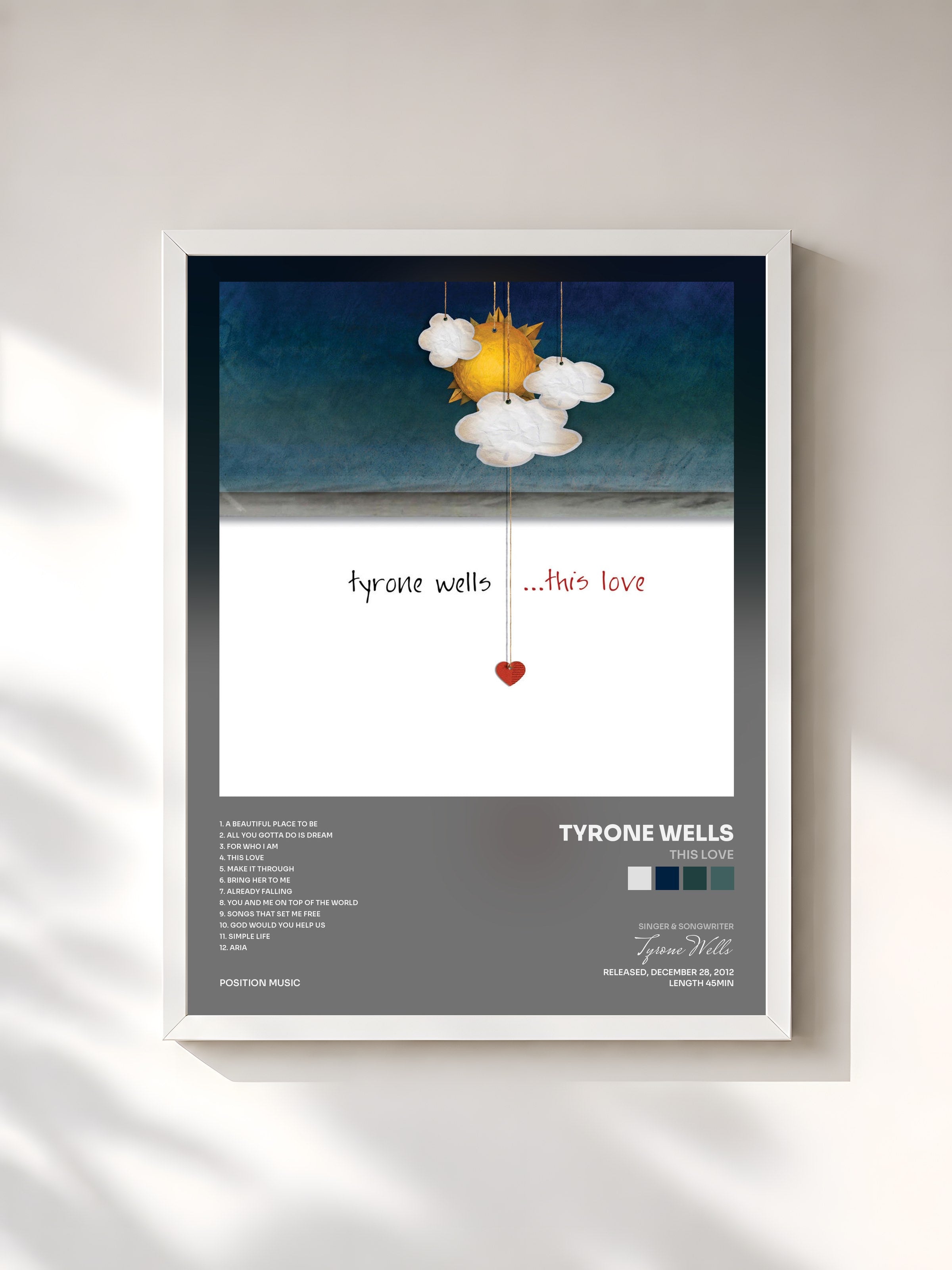 #blanc Tableau de l'album This Love de Tyrone Wells, cadre blanc, imprimé et encadré en France