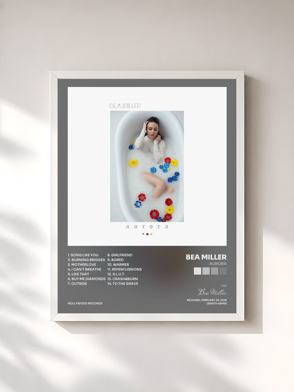 #blanc Tableau de l'album aurora de Bea Miller, cadre blanc, imprimé et encadré en France
