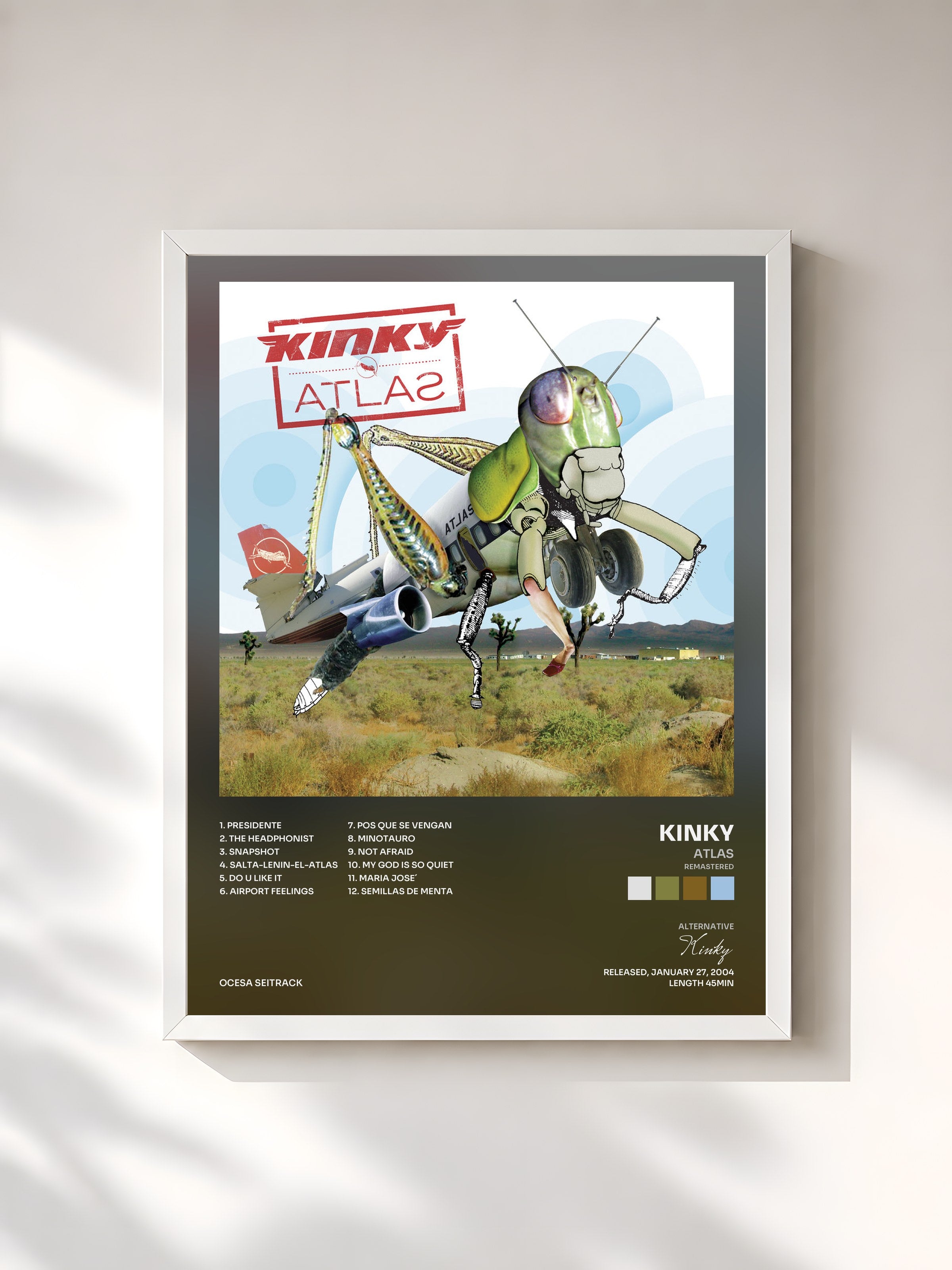 #blanc Tableau de l'album Atlas (Remastered) de Kinky, cadre blanc, imprimé et encadré en France
