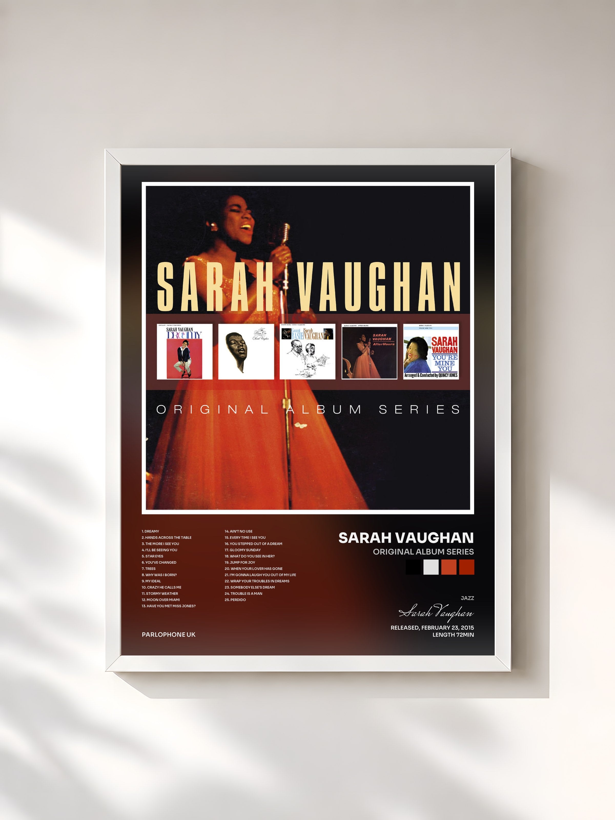 #blanc Tableau de l'album Original Album Series de Sarah Vaughan, cadre blanc, imprimé et encadré en France