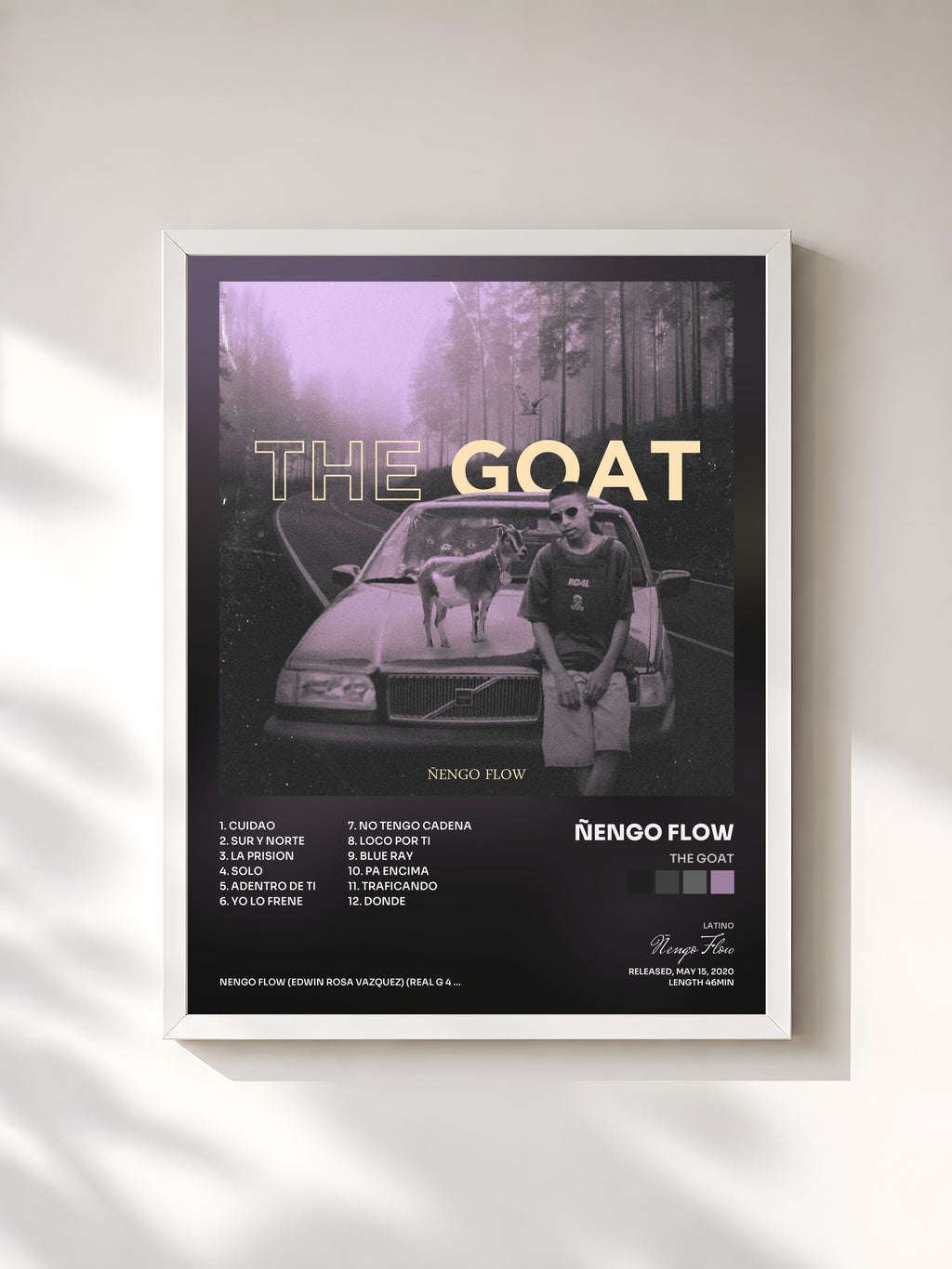 #blanc Tableau de l'album The Goat de Ñengo Flow, cadre blanc, imprimé et encadré en France
