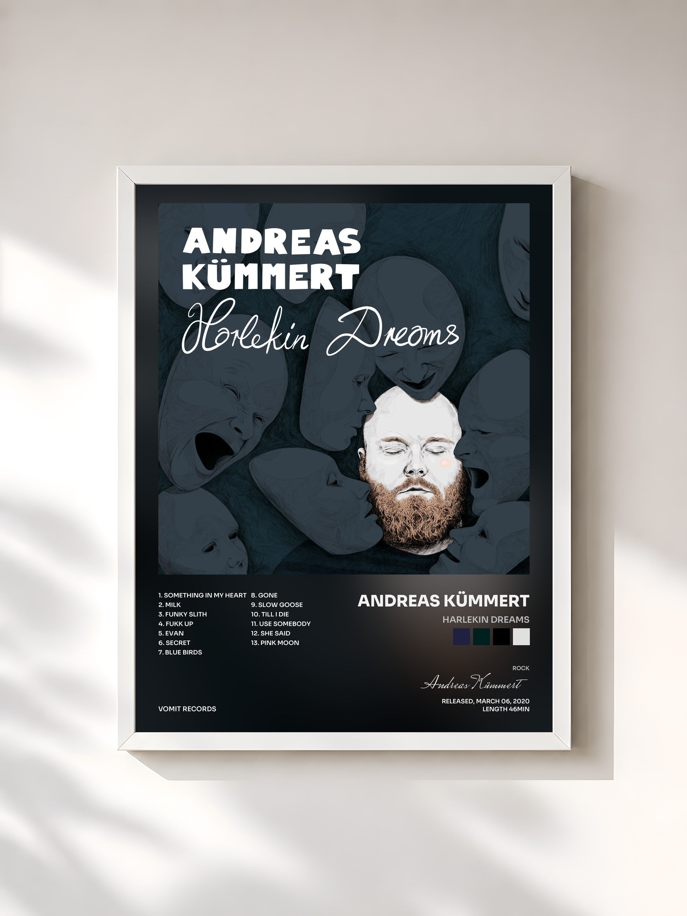 #blanc Tableau de l'album Harlekin Dreams de Andreas Kümmert, cadre blanc, imprimé et encadré en France