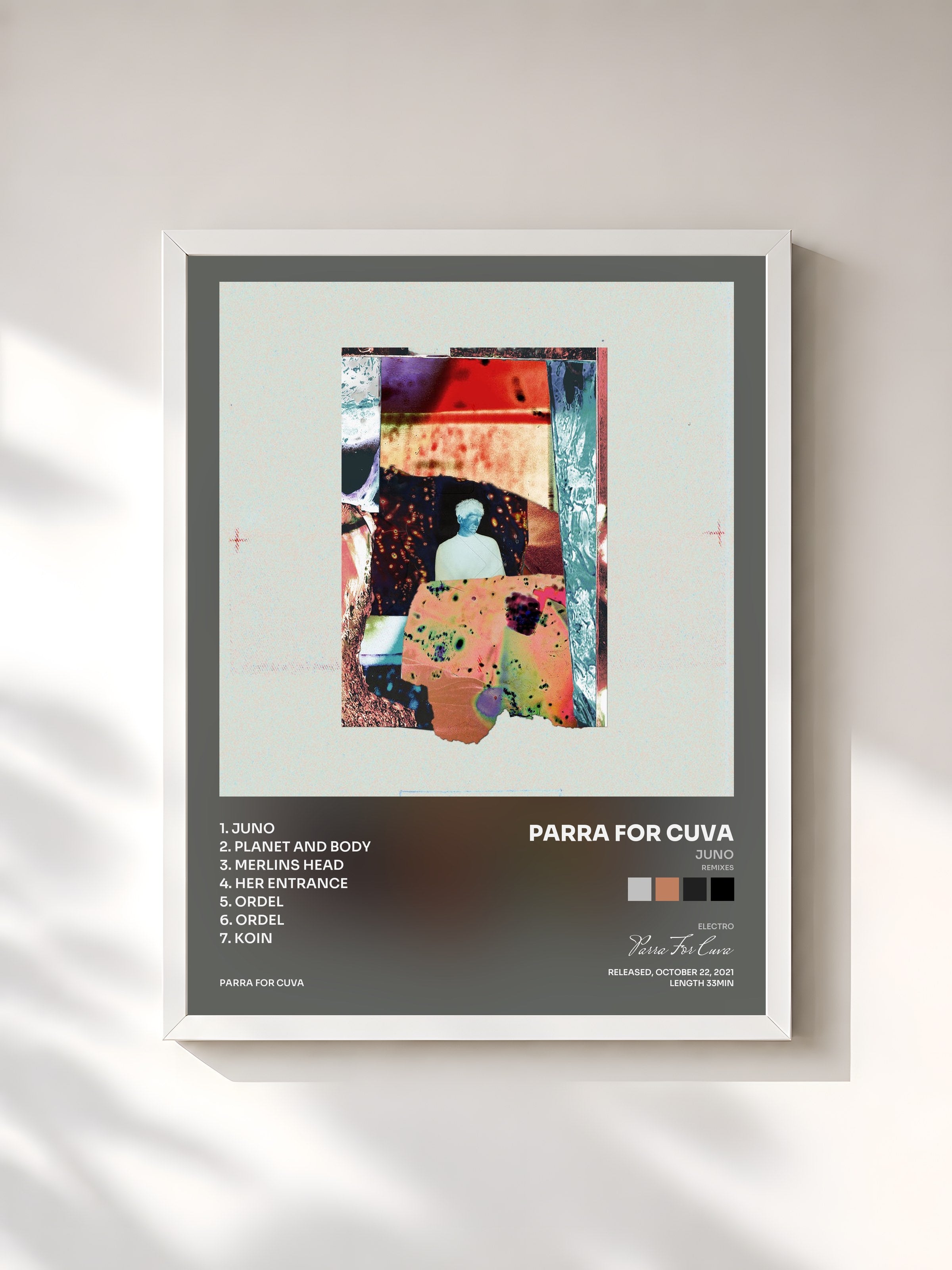 #blanc Tableau de l'album Juno (Remixes) de Parra For Cuva, cadre blanc, imprimé et encadré en France