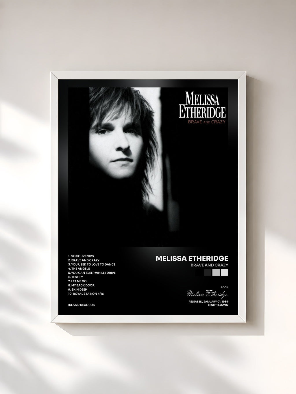 #blanc Brave And Crazy by Melissa Etheridge as a framed art print, white frame, printed and framed in France