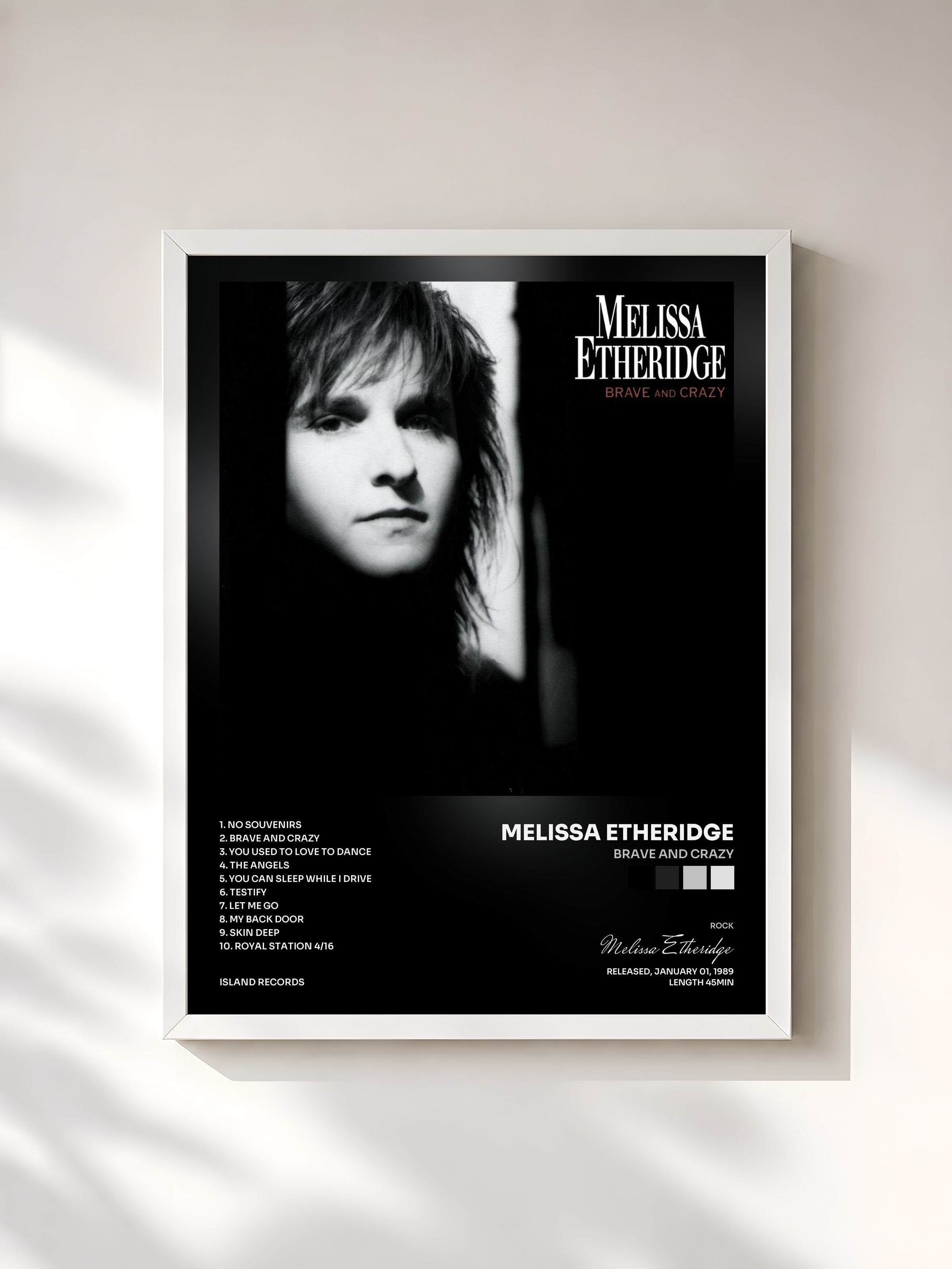 #blanc Tableau de l'album Brave And Crazy de Melissa Etheridge, cadre blanc, imprimé et encadré en France