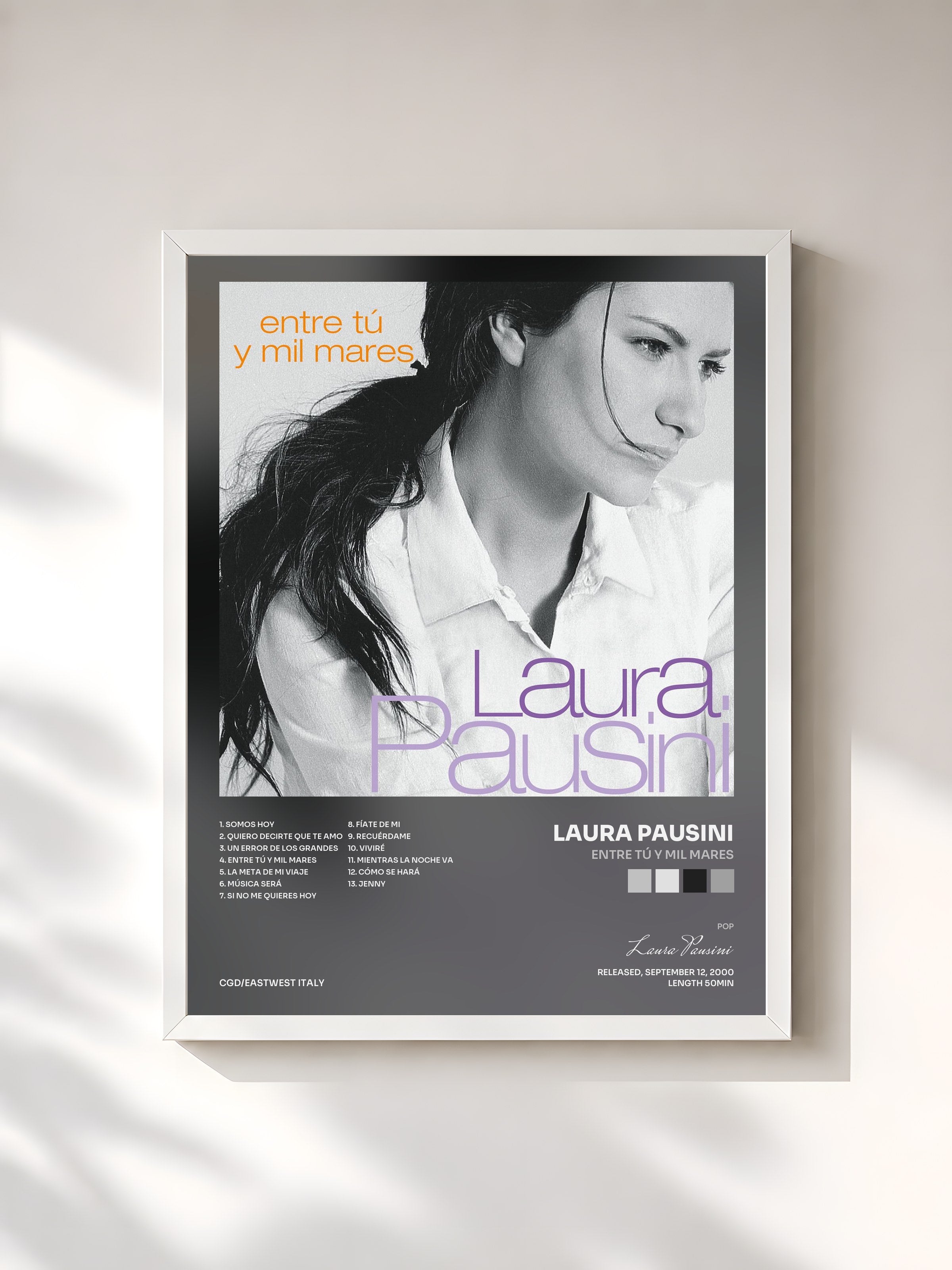 #blanc Tableau de l'album Entre tú y mil mares de Laura Pausini, cadre blanc, imprimé et encadré en France