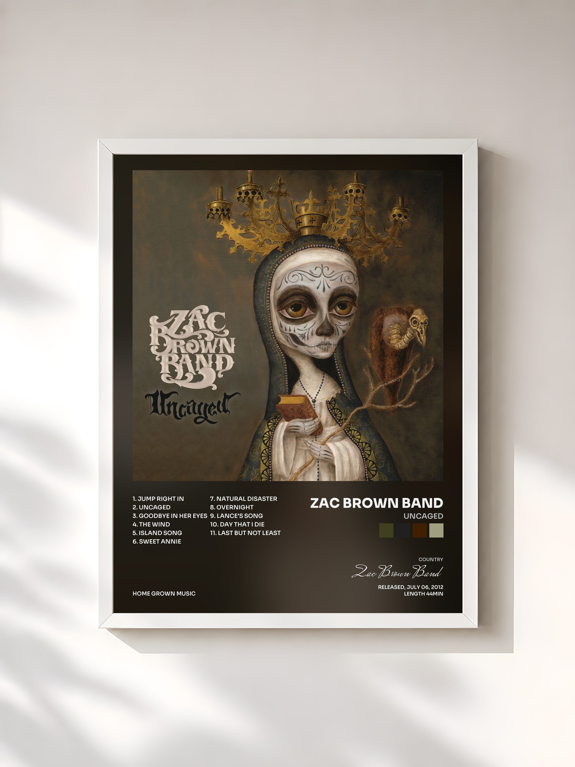 #blanc Tableau de l'album Uncaged de Zac Brown Band, cadre blanc, imprimé et encadré en France