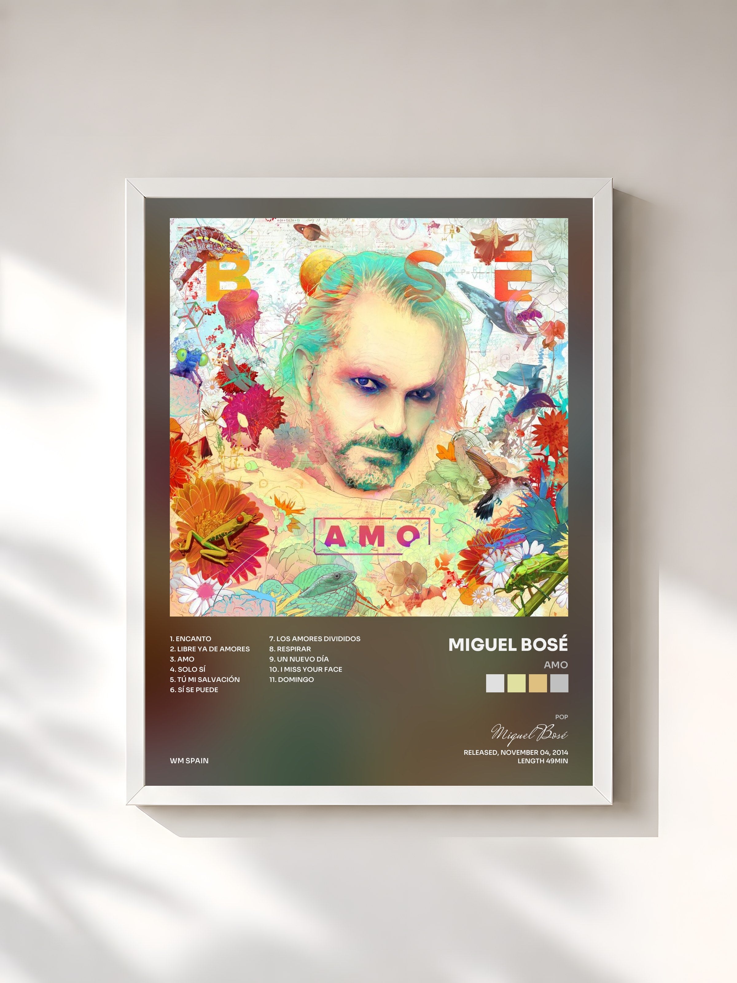 #blanc Tableau de l'album Amo de Miguel Bosé, cadre blanc, imprimé et encadré en France
