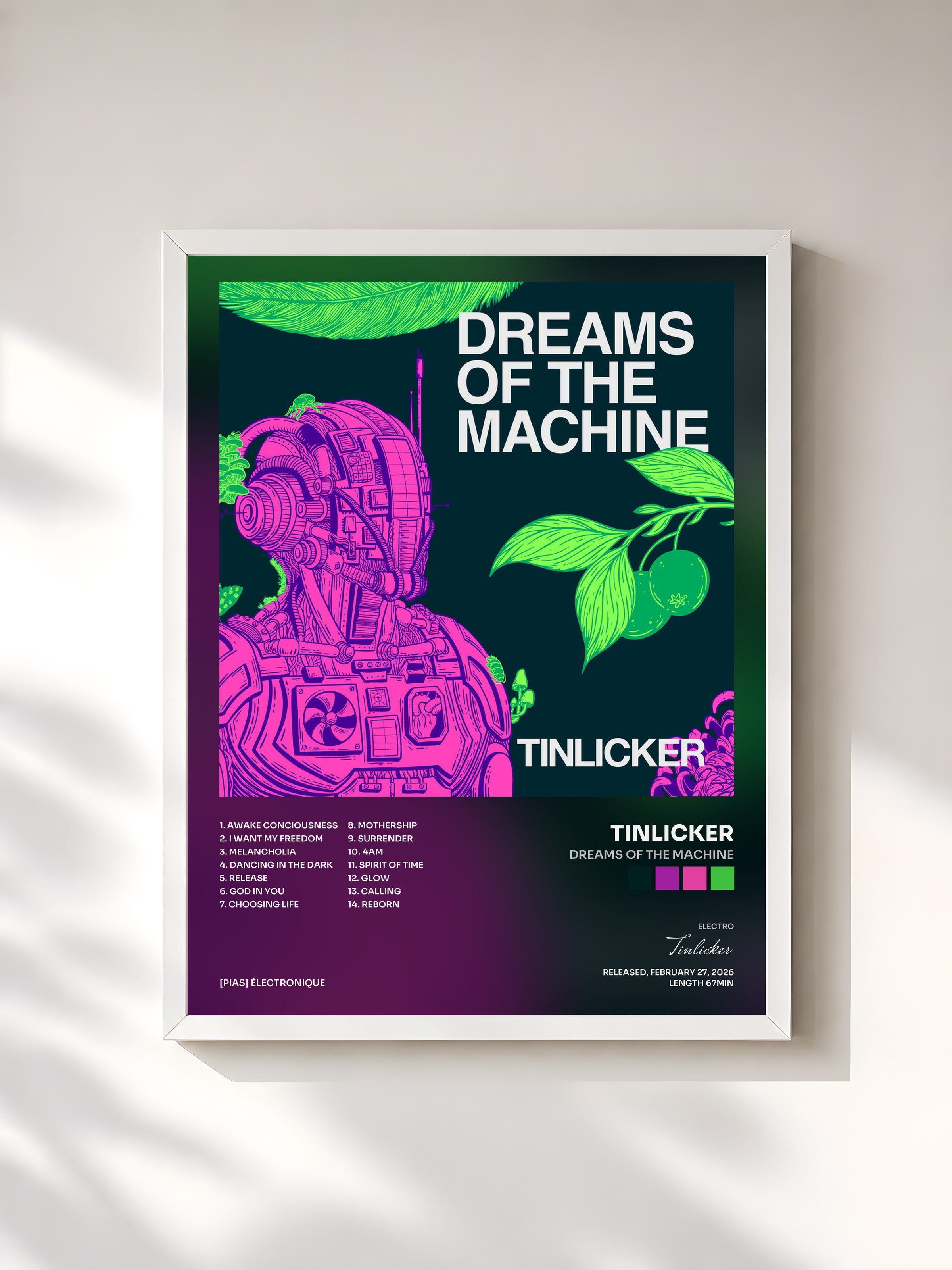 #blanc Tableau de l'album Dreams Of The Machine de Tinlicker, cadre blanc, imprimé et encadré en France