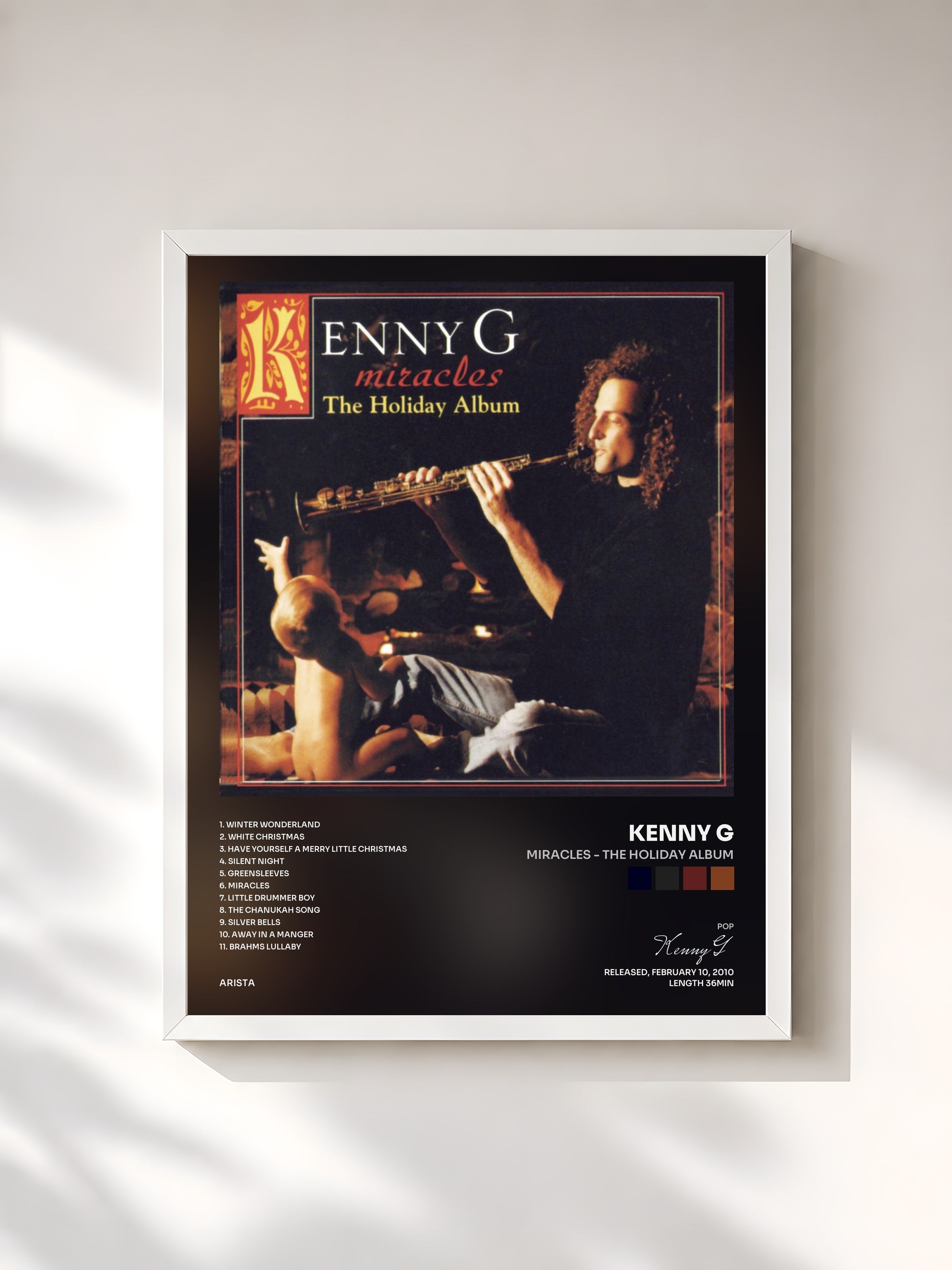#blanc Tableau de l'album Miracles - The Holiday Album de Kenny G, cadre blanc, imprimé et encadré en France