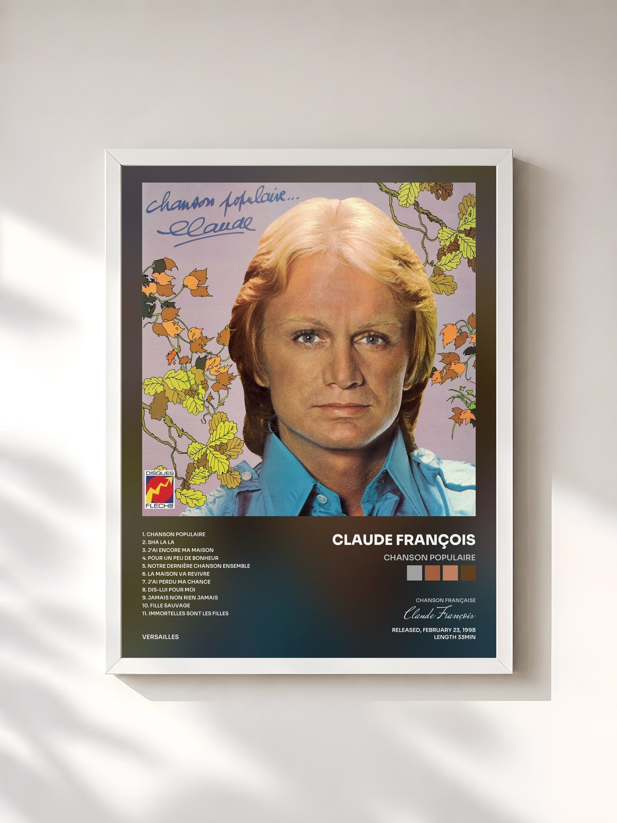 #blanc Tableau de l'album Chanson populaire de Claude François, cadre blanc, imprimé et encadré en France