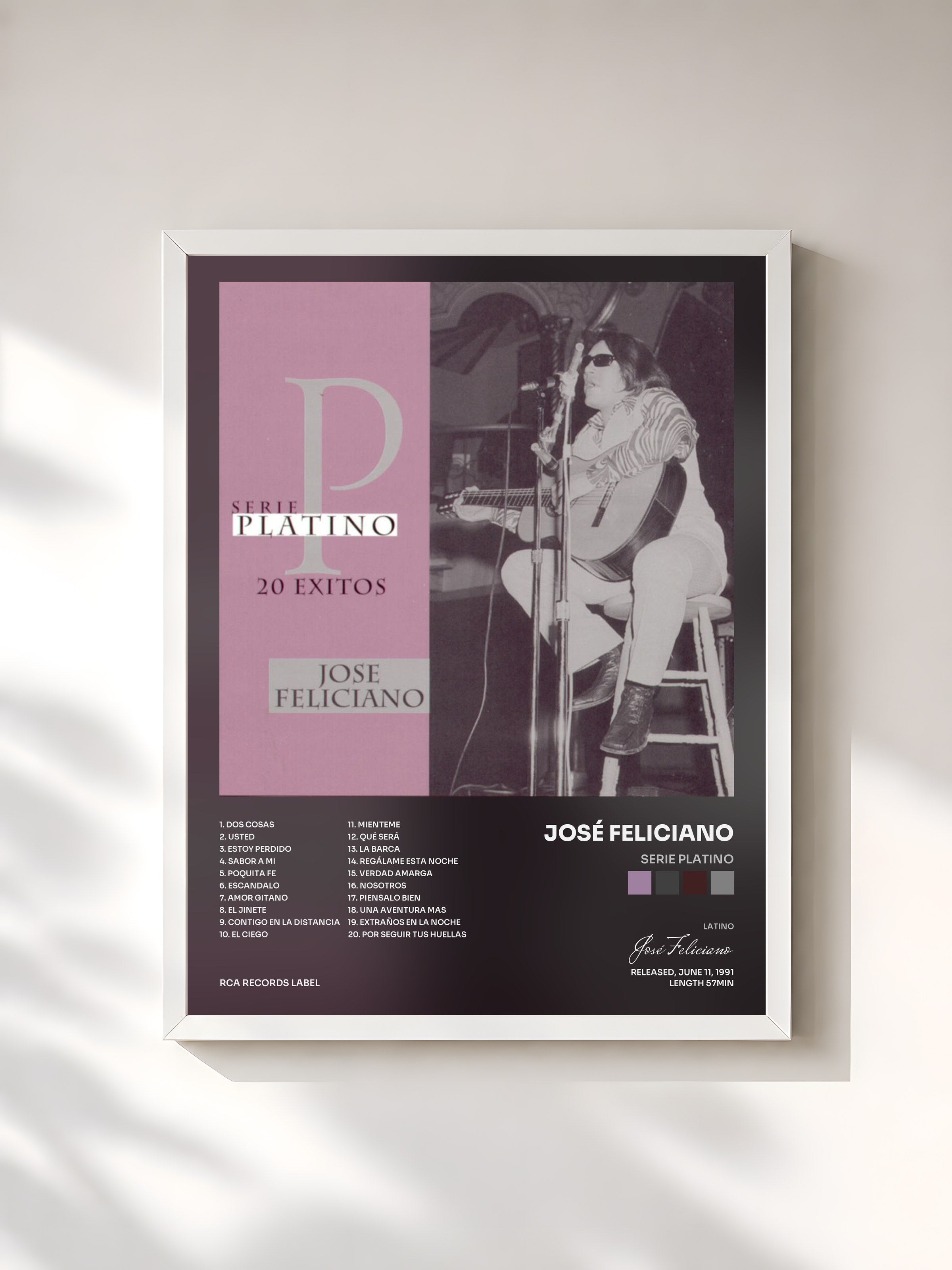 #blanc Tableau de l'album Serie Platino de José Feliciano, cadre blanc, imprimé et encadré en France