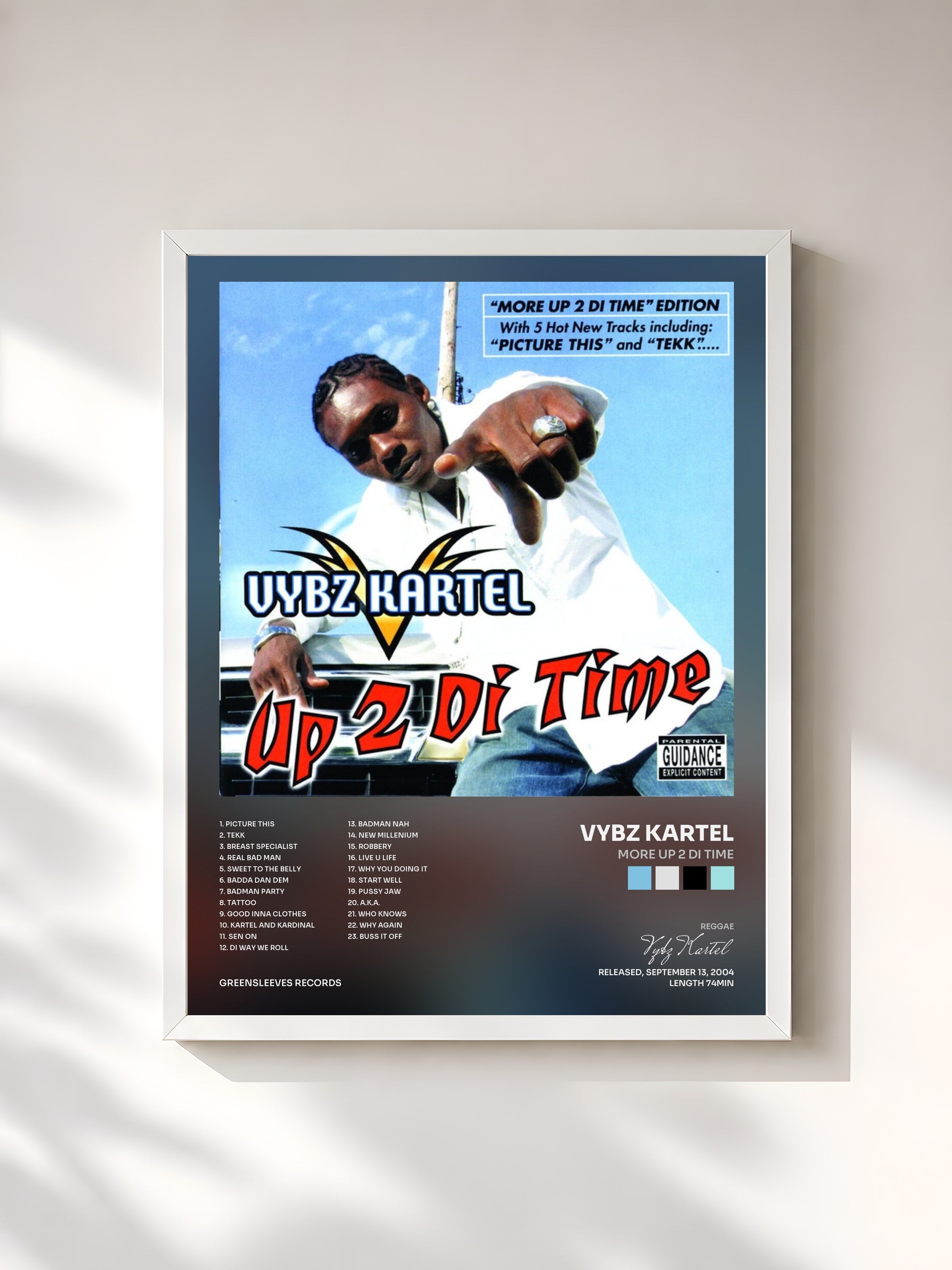 #blanc Tableau de l'album More Up 2 Di Time de Vybz Kartel, cadre blanc, imprimé et encadré en France