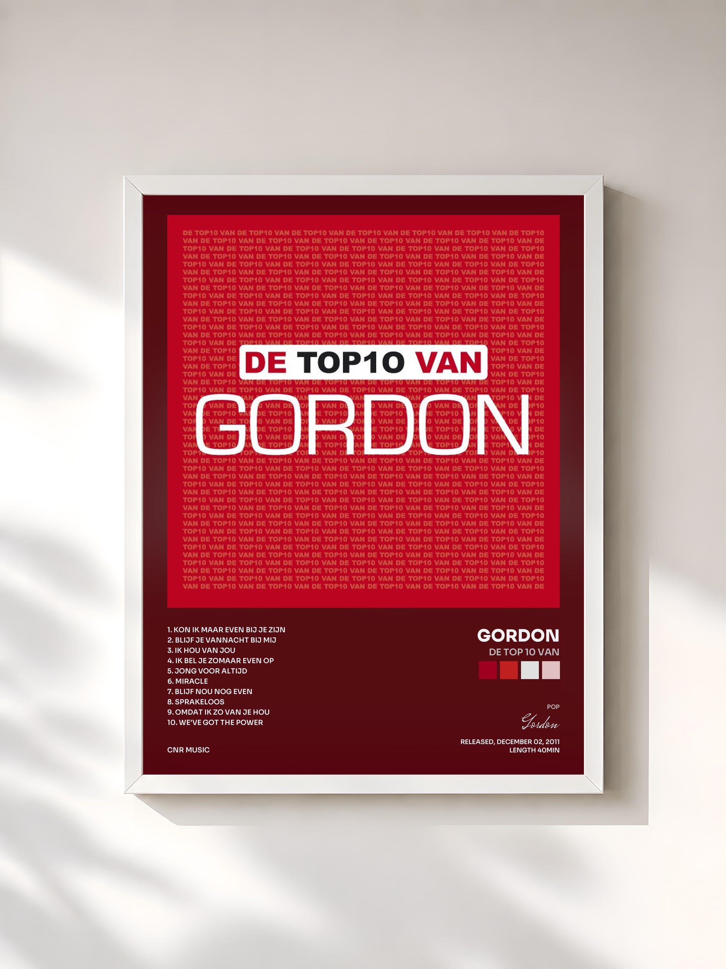 #blanc Tableau de l'album De Top 10 Van de Gordon, cadre blanc, imprimé et encadré en France