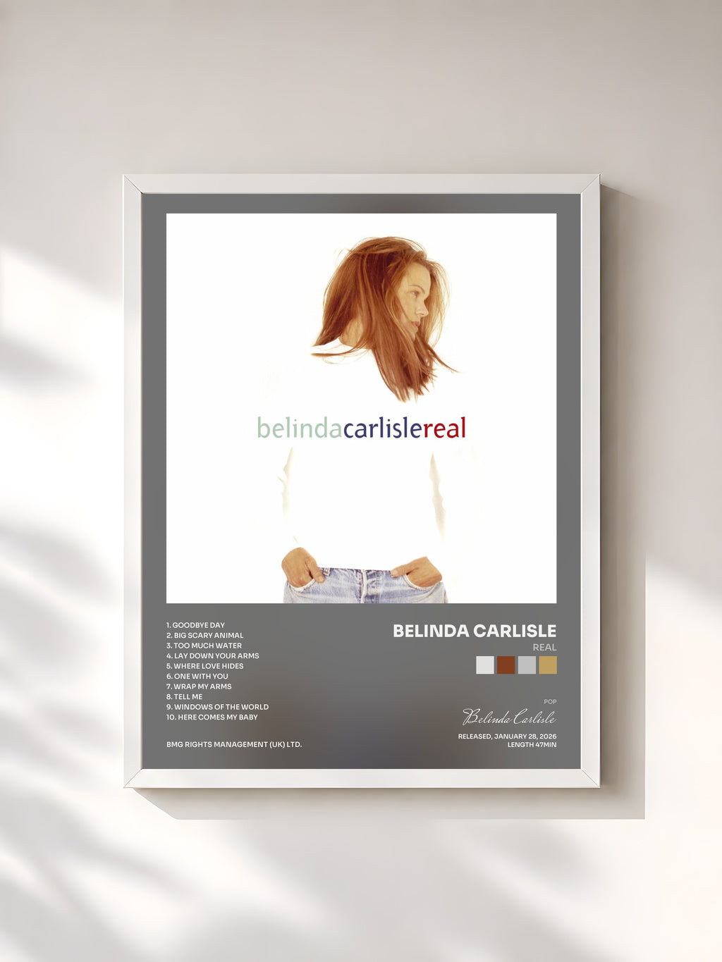 #blanc Tableau de l'album Real de Belinda Carlisle, cadre blanc, imprimé et encadré en France