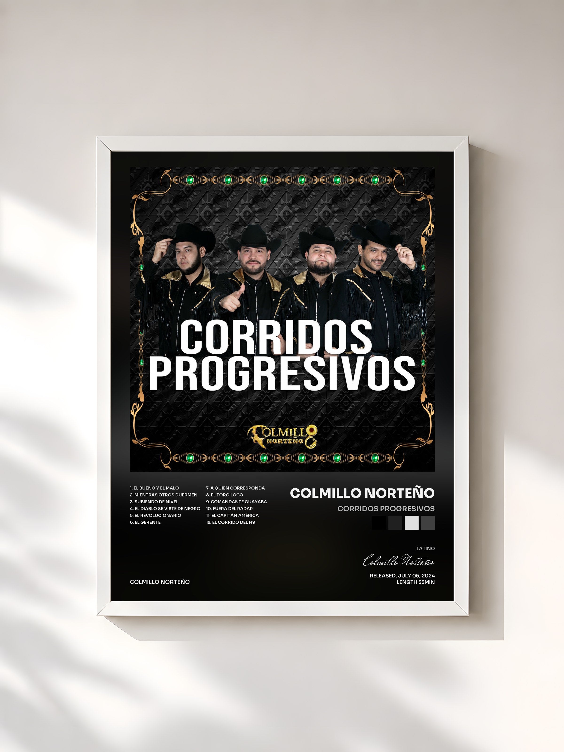 #blanc Tableau de l'album Corridos Progresivos de Colmillo Norteño, cadre blanc, imprimé et encadré en France