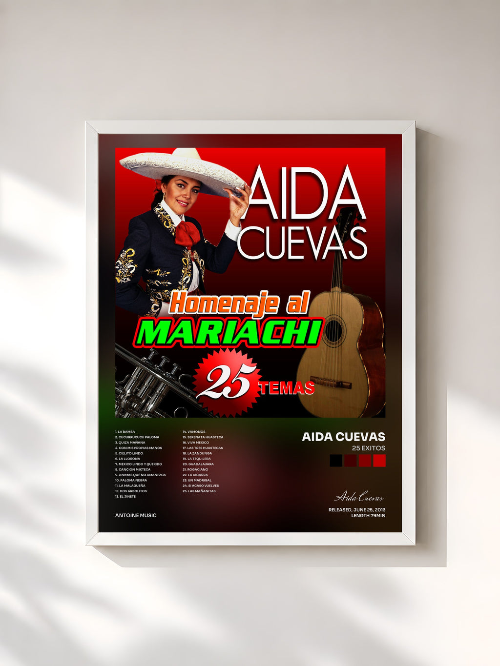 #blanc Tableau de l'album 25 Exitos de Aida Cuevas, cadre blanc, imprimé et encadré en France